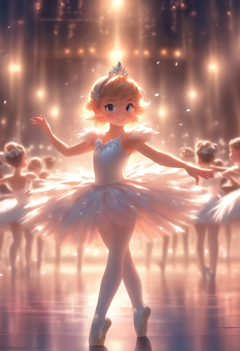 Little girl, Wear a white tutu, Dance Swan Lake on stage, Background Black,Stage lighting.
