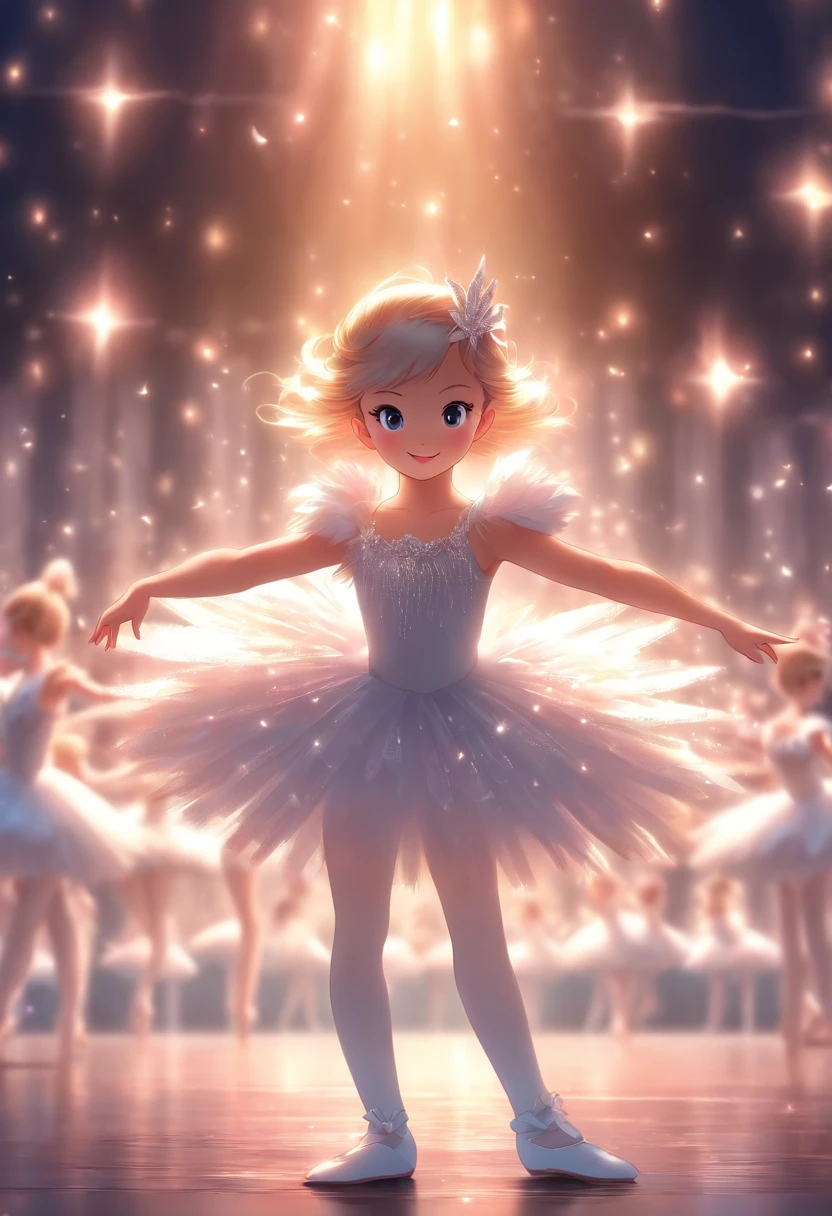 Little girl, Wear a white tutu, Dance Swan Lake on stage, Background Black,Stage lighting.