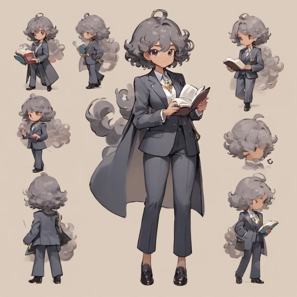 Super delicate、Holding a lot of books in each hand、tailored, Charcoal gray pantsuit, Vintage brooch, Silver chain holds magnifying glass pendant, Black leather shoes, Brown skin,Middle Age, Silver necklace, Curly hair, character turnaround, Front view, Side view, Back view