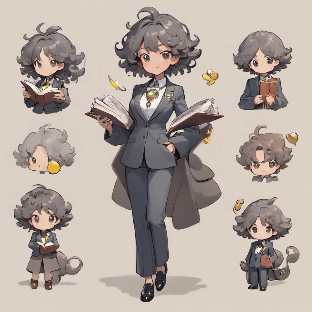 Super delicate、Holding a lot of books in each hand、tailored, Charcoal gray pantsuit, Vintage brooch, Silver chain holds magnifying glass pendant, Black leather shoes, Brown skin,Middle Age, Silver necklace, Curly hair, character turnaround, Front view, Side view, Back view