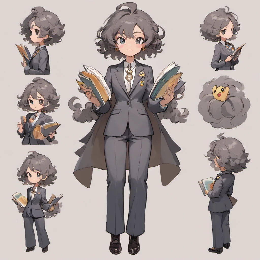 Super delicate、Holding a lot of books in each hand、tailored, Charcoal gray pantsuit, Vintage brooch, Silver chain holds magnifying glass pendant, Black leather shoes, Brown skin,Middle Age, Silver necklace, Curly hair, character turnaround, Front view, Side view, Back view