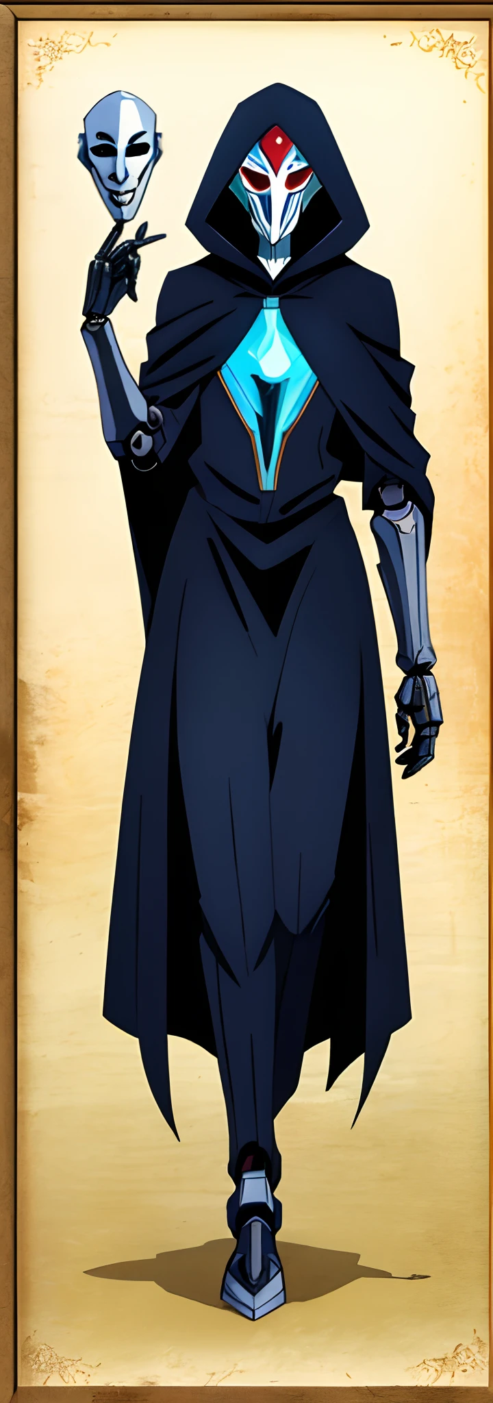 Concept art, 1person, (walking on two legs:1), Humanoid-robotic creature Persona4/5 style creature, (reimagined Sandman), (benevolent european entity of myth-legends:1), (androgynous:1) slender humanoid hooded figure, flowing silver hair and pale skin, They are wearing a black cloak that billows around them like smoke, (Robotic stylized mask:1.3), robotic unique stylized feet models, (Carrying in its left hand a stylized cane), (holding up hourglass filled with swirling miraculous sand on the right hand), (intricate details), (Masterpiece), ultimate HD, 8K Ultra-HD, robotic-demonic-benevolent deity combined style, Persona style, Persona demon creature, SMT creature, (Video Game Concept Art:1.2)