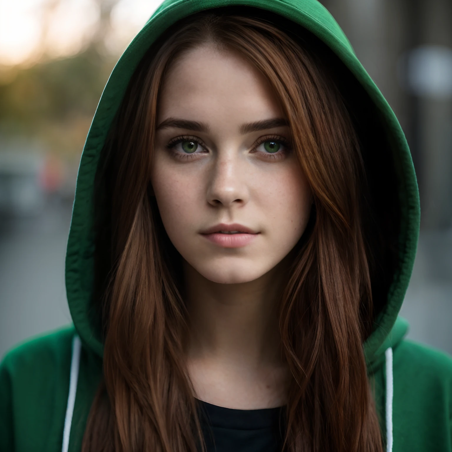 Girl with long red hair wearing a green hoodie, Girl wearing hood, foto retrato suave 8k, Capuz Verde, Girl with green eyes, retrato bonito de jovem, cinematic headshot portrait, Retrato de um modelo feminino bonito, Red haired girl wearing hoodie, foto retrato bonito, close up foto de retrato, foto de retrato, rosto atraente, rosto detalhado, jovem atraente, modelo feminino, Emma Watson 8k