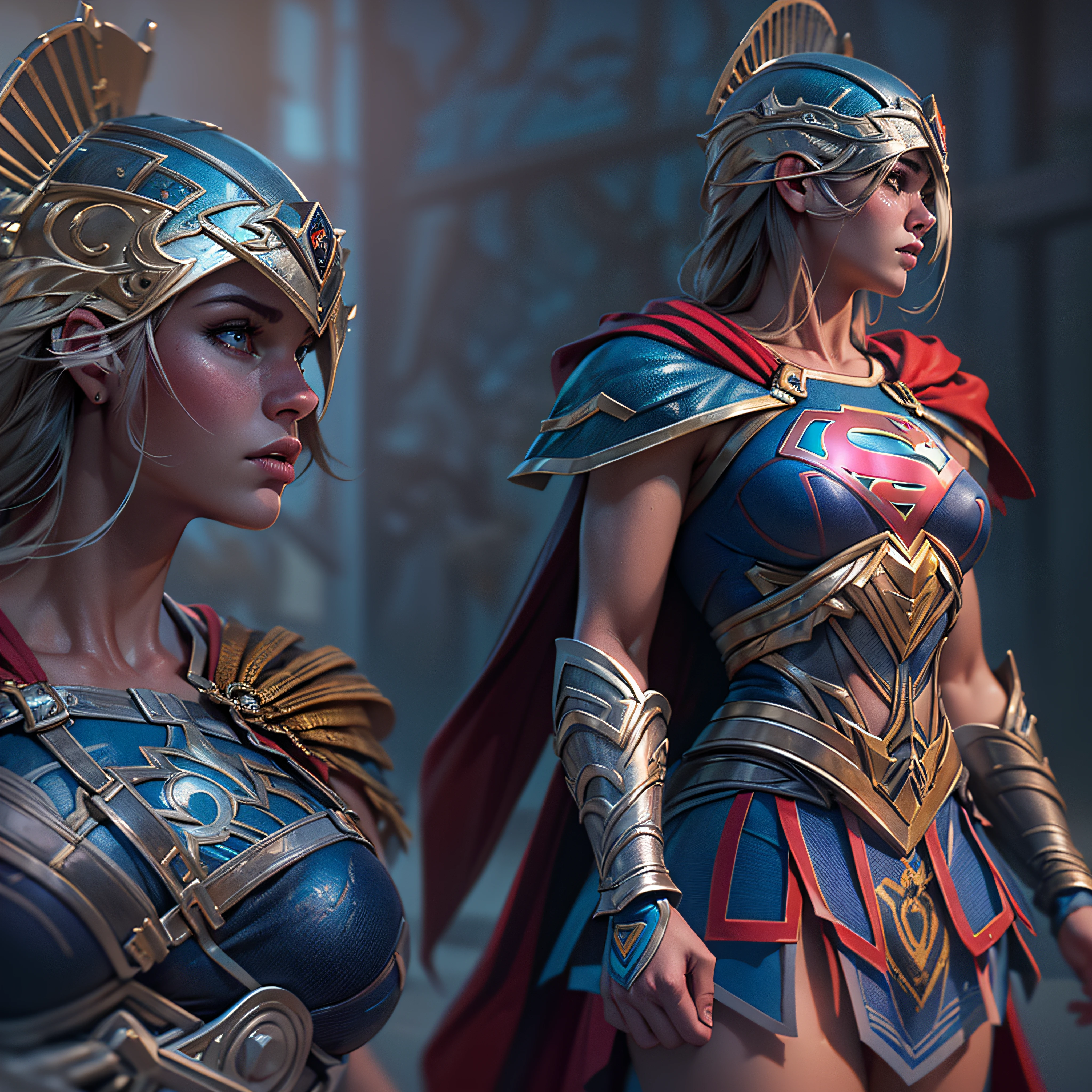 Gladiator fighter SuperGirl. intricate, hypermaximalist, elegant, hyper realistic, epic high details,full details,high resolution,dynamic slightblue lighting,rendering,realism,Photo-realistic, ultra realistic, octane render, unreal engine, hyper detailed, volumetric lighting, 8k reality, cinematic