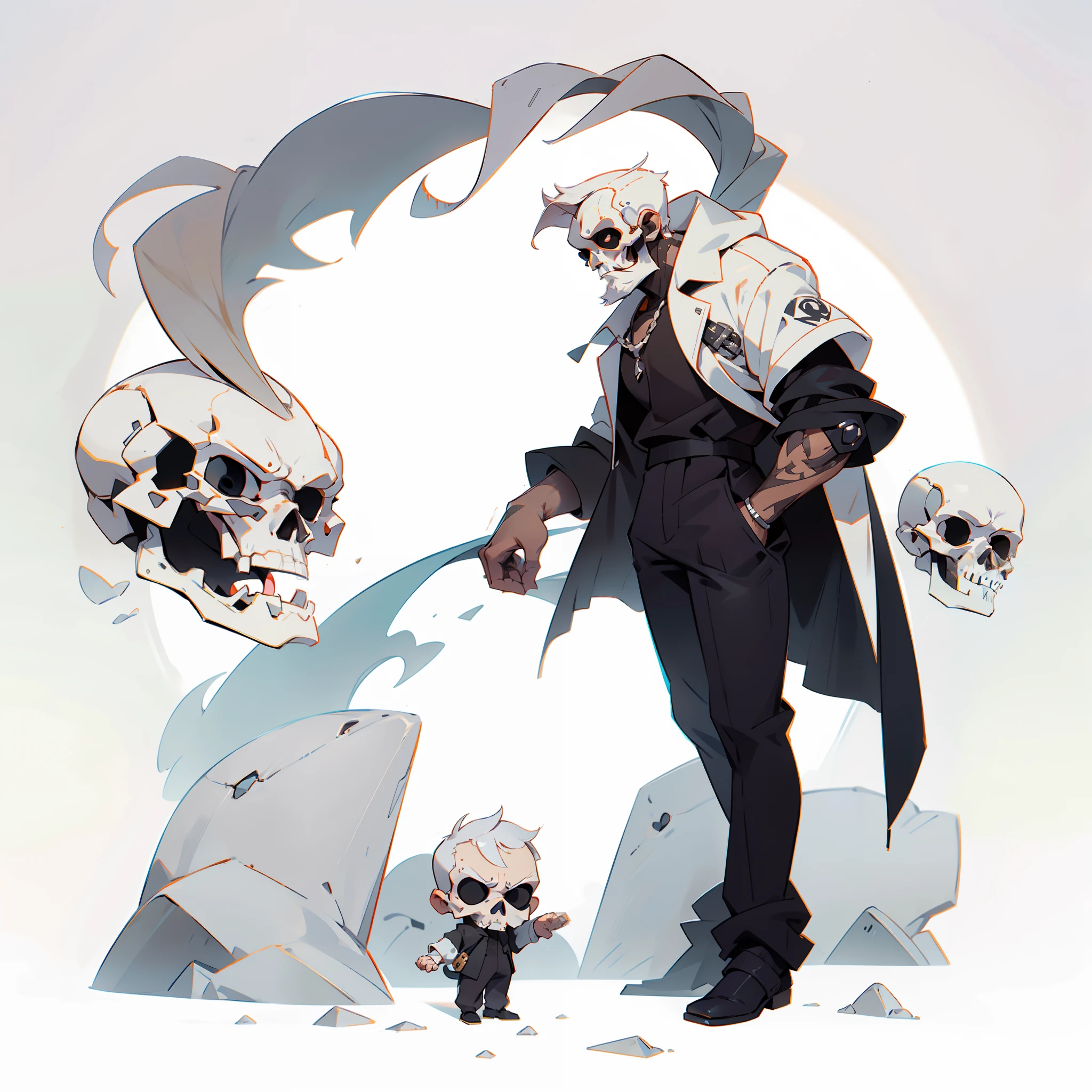 masutepiece, Best Quality, 4K, 超A high resolution, ultra-detailliert, High resolution, Ultra HD, sophisticated details, Backlight, ((Full body shot)), ((No background)), ((White background)), Man's, man, Chibi, the godfather, boss, Skull face, short gray hair, a beard, mustache, intimidation, black suits, Sunglasses,