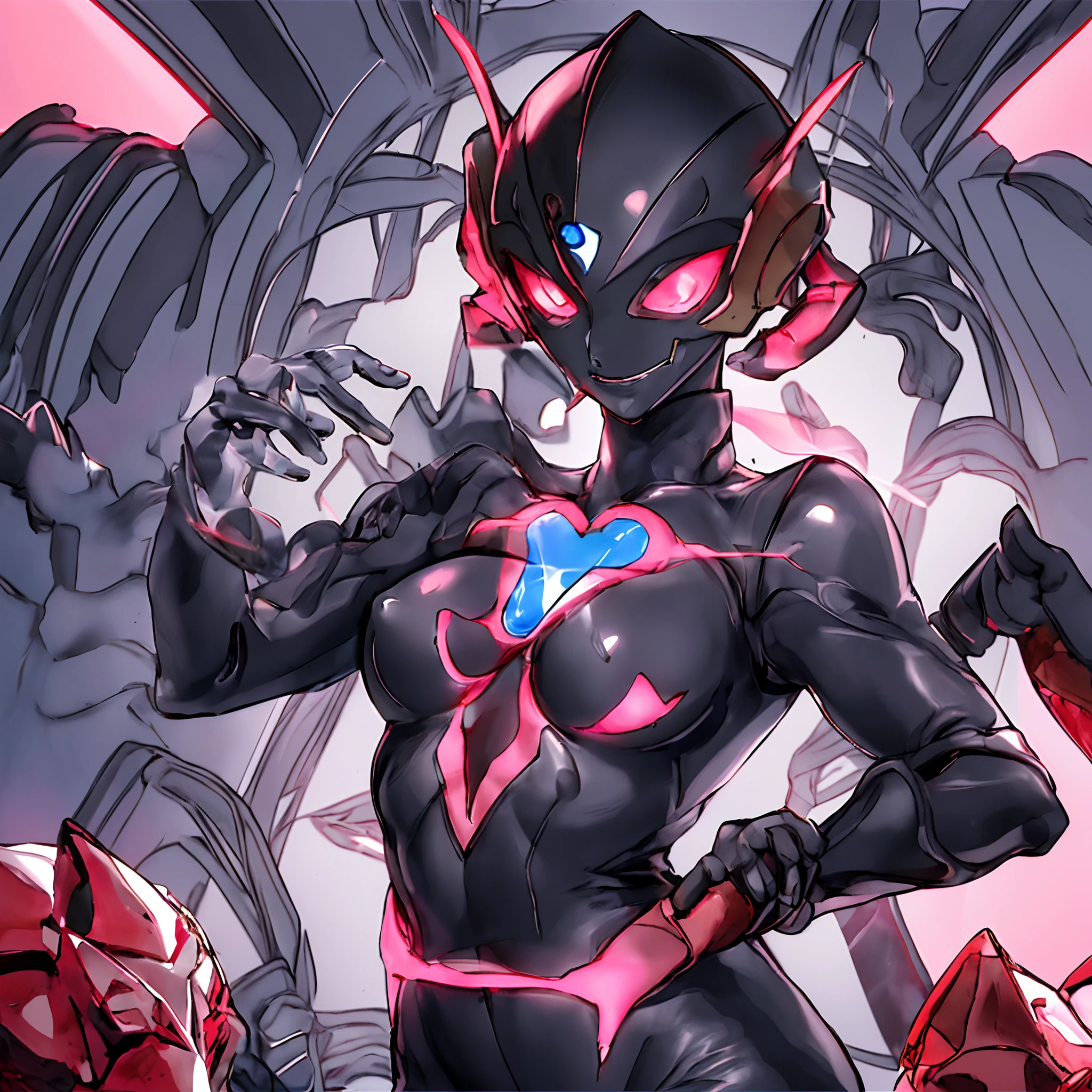 The beautiful figure of Ultraman Woman, Cover his true face with a black mask, Female Solo, Alien eyes shine。The whole body is covered with a black bodysuit, One female protagonist, Pink lines all over the body, Crystal shining on the head。The chest has a radiant core, Dark background,