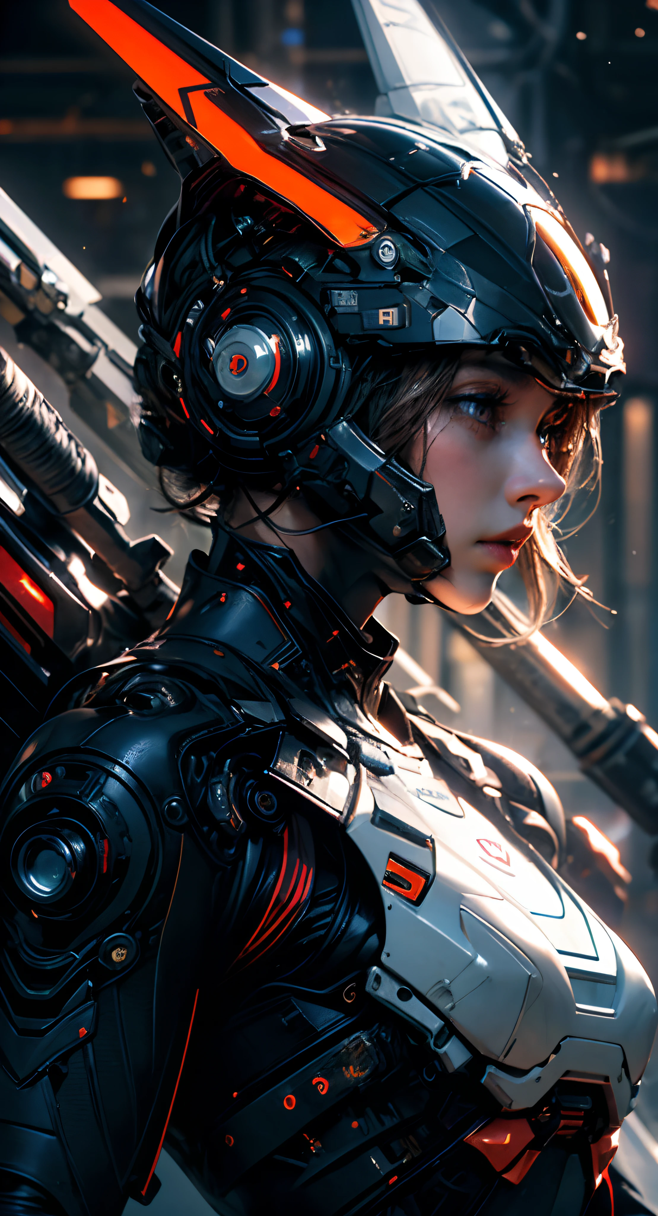 cgmech, beautiful eyes, upper body, underboob, portrait, robot,white orange armor, shimmering black hair, neon light, 8K, RAW, best quality, masterpiece, ultra high res, colorful, (medium wide shot), (dynamic perspective), sharp focus , (depth of field, bokeh:1.3), extremely detailed eyes and face, beautiful detailed eyes,large breasts,(black gold, trimmed gear:1.2),(In a futuristic weapons factory:1.2), ((masterpiece, best quality)), Detailed background, spaceship interior