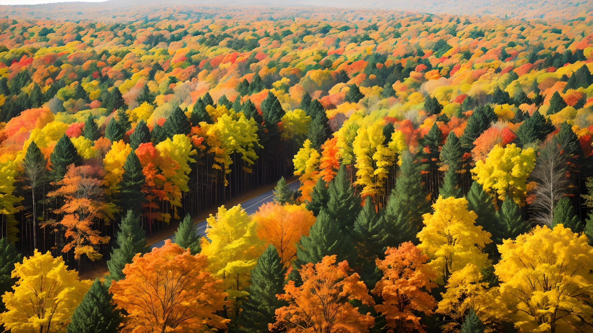 a view of a forest with lots of trees in the fall, forest colors, beautiful forests and trees, vast forest, colorful trees, a flaming forest of trees, hyperrealistic fall, colorful autumn trees, really beautiful forest, breathtaking colors, beautiful forest, autumn forest, rich picturesque colors, forests, breath-taking beautiful trees, breath - taking beautiful trees