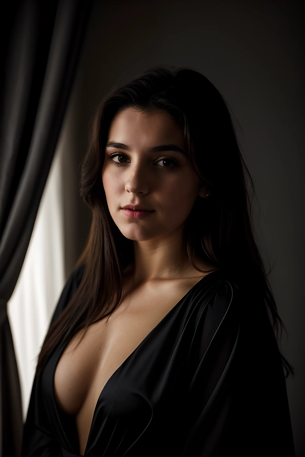 Photo brute, Portrait de visage photo de belle 26 ans.o femme, visage mignon, Porter une robe noire, Visage heureux, ombres dures, cinematic shot, dramatic lighting