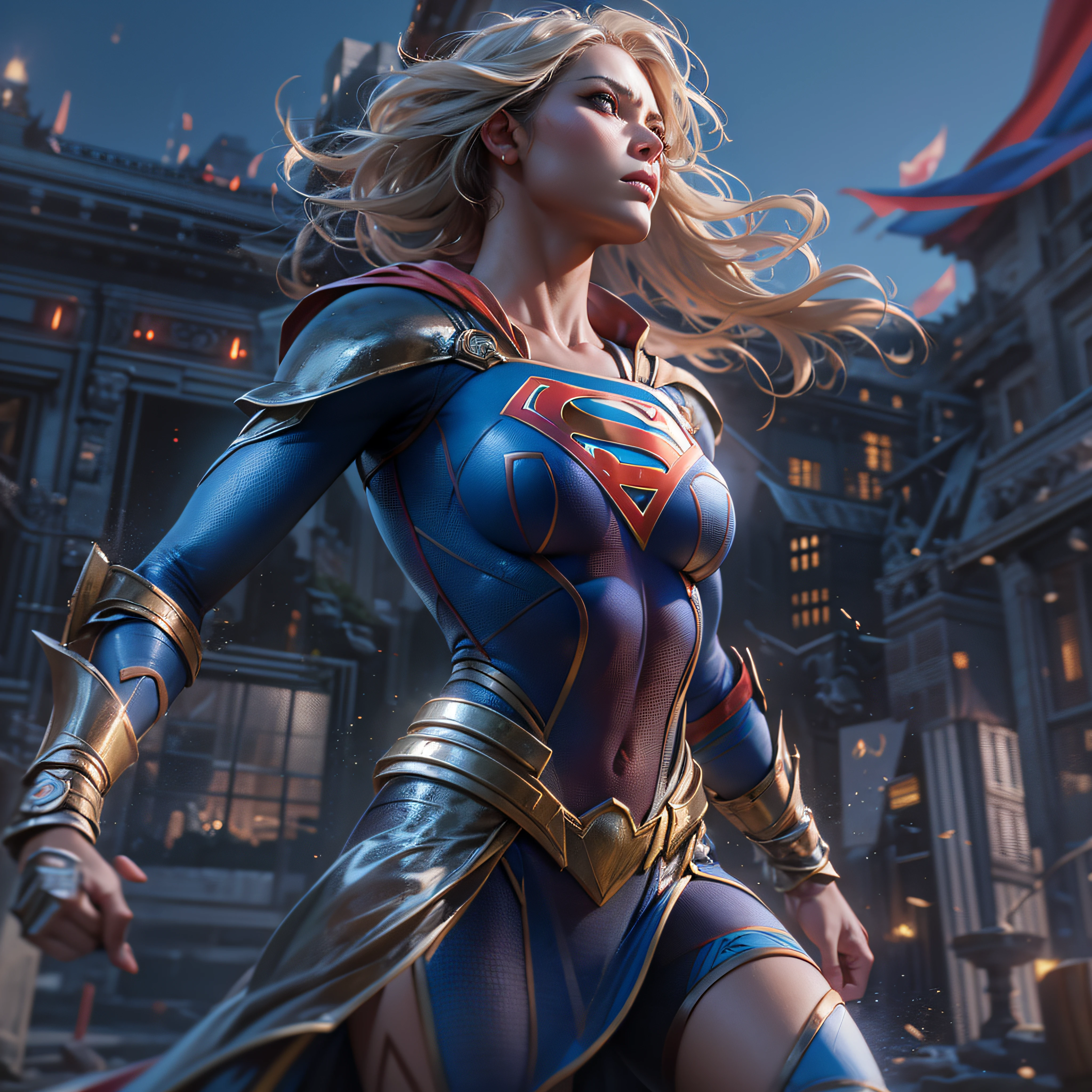 Warrior Supergirl, intricate, hyper-maximalist, elegant, hyper realistic, epic high details, full details, high resolution, dynamic slight blue lighting, rendering, realism, Photo-realistic, ultra realistic, octane render, unreal engine, hyper detailed, volumetric lighting, 8k reality, cinematic