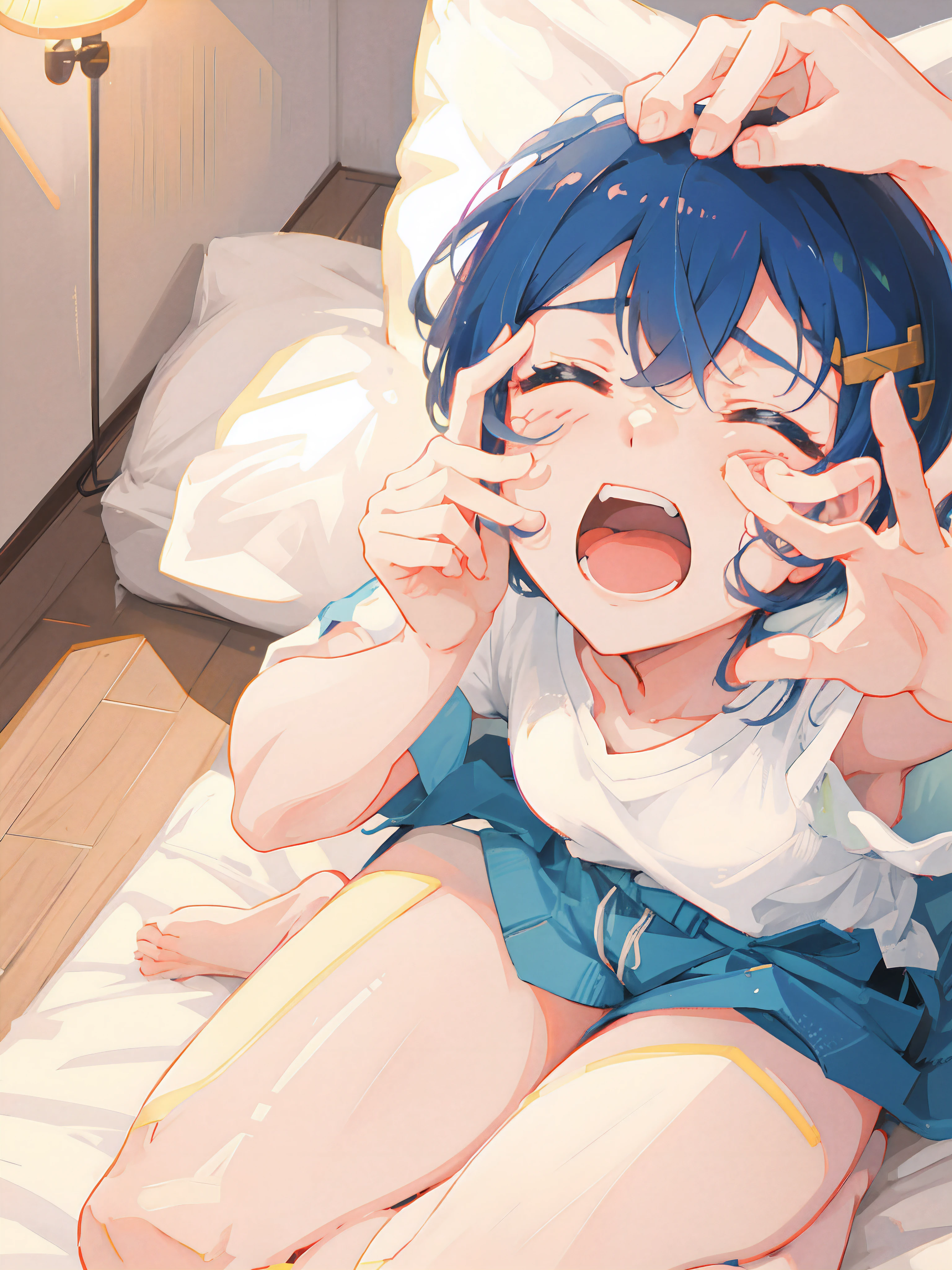 1girl, blue short hair, closed eyes, yawn, white large shirt, bareleg, barefoot, arms up, seiza pose, bed, bedroom, stretching, high top view close to head, anime girl sitting on bed with hands up and eyes closed, no pants, anime 8k, naughty expression, yawn face, sleepy expression, rin, mischievous expression, absurdres, high res, high details, 8k