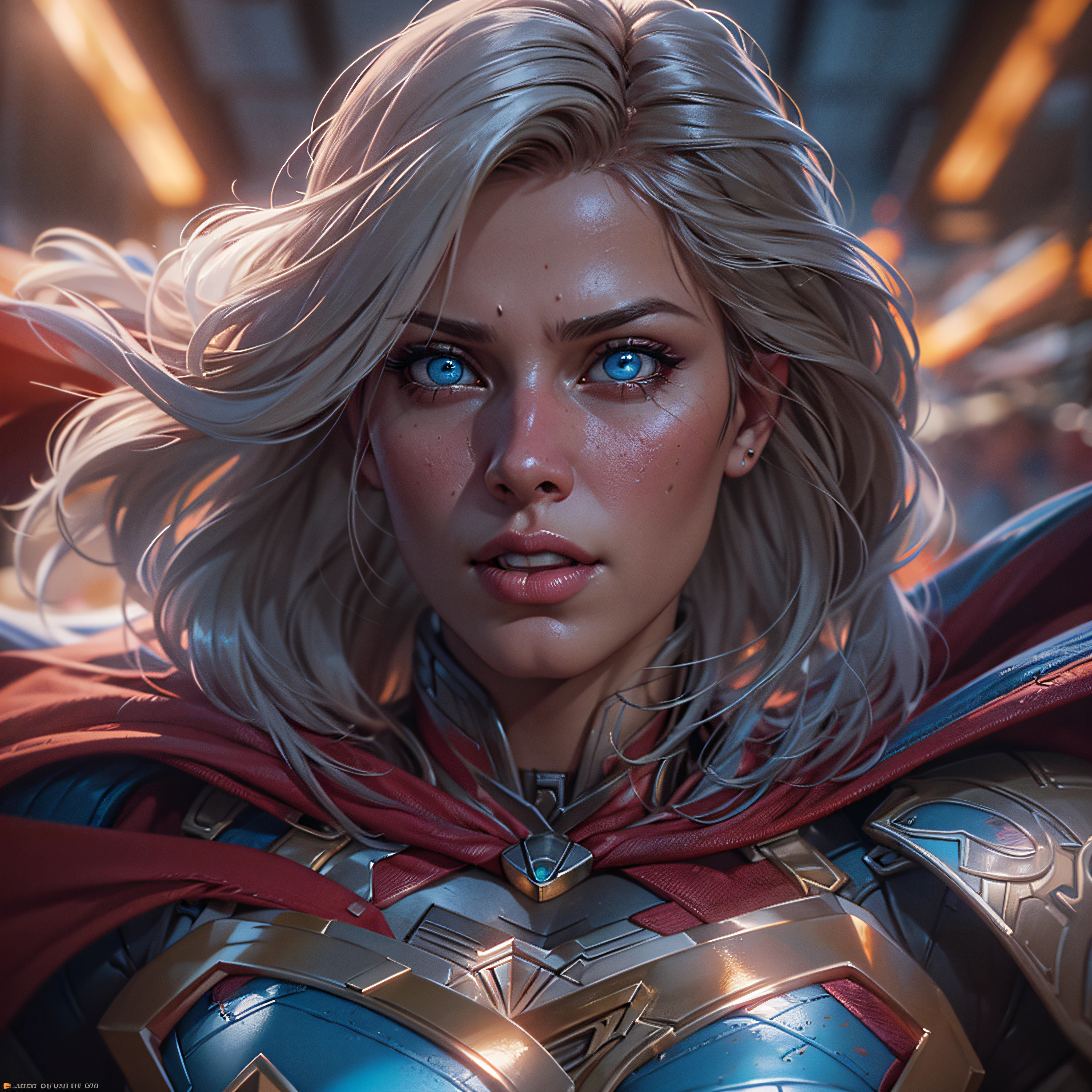 Warrior Supergirl, intricate, hyper-maximalist, elegant, hyper realistic, epic high details, full details, high resolution, dynamic slight blue lighting, rendering, realism, Photo-realistic, ultra realistic, octane render, unreal engine, hyper detailed, volumetric lighting, 8k reality, cinematic