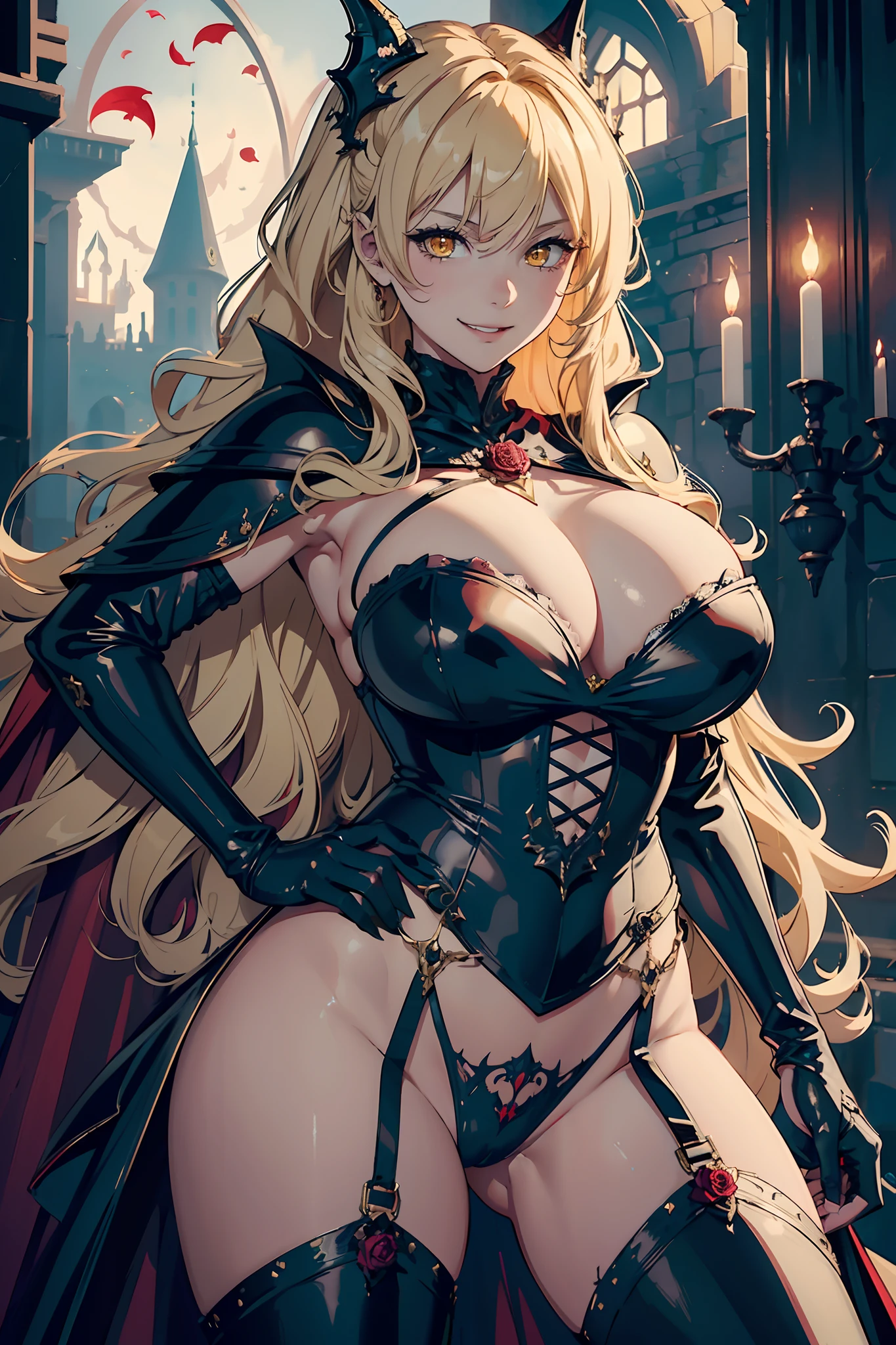(masterpiece, high quality, detailed), 1girl, vampire girl, big poofy sandy-blonde hair, bright yellow eyes, hair drills, big smug grin, wearing slutty armor, huge beasts, cleavage, provocative, flowing cape, haunted castle interior, scattered rose petals, spooky, horror