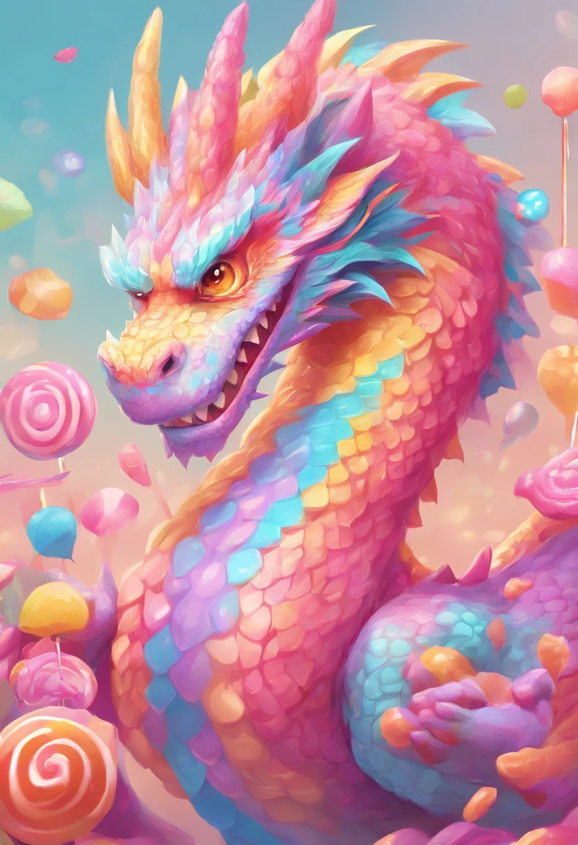 (best quality),candy dragon,flat art,western dragon,smooth surface,textured sugar,playful eyes and smile,deliciously vibrant colors,simple background,pastel tones,soft lighting,artistic rendering"