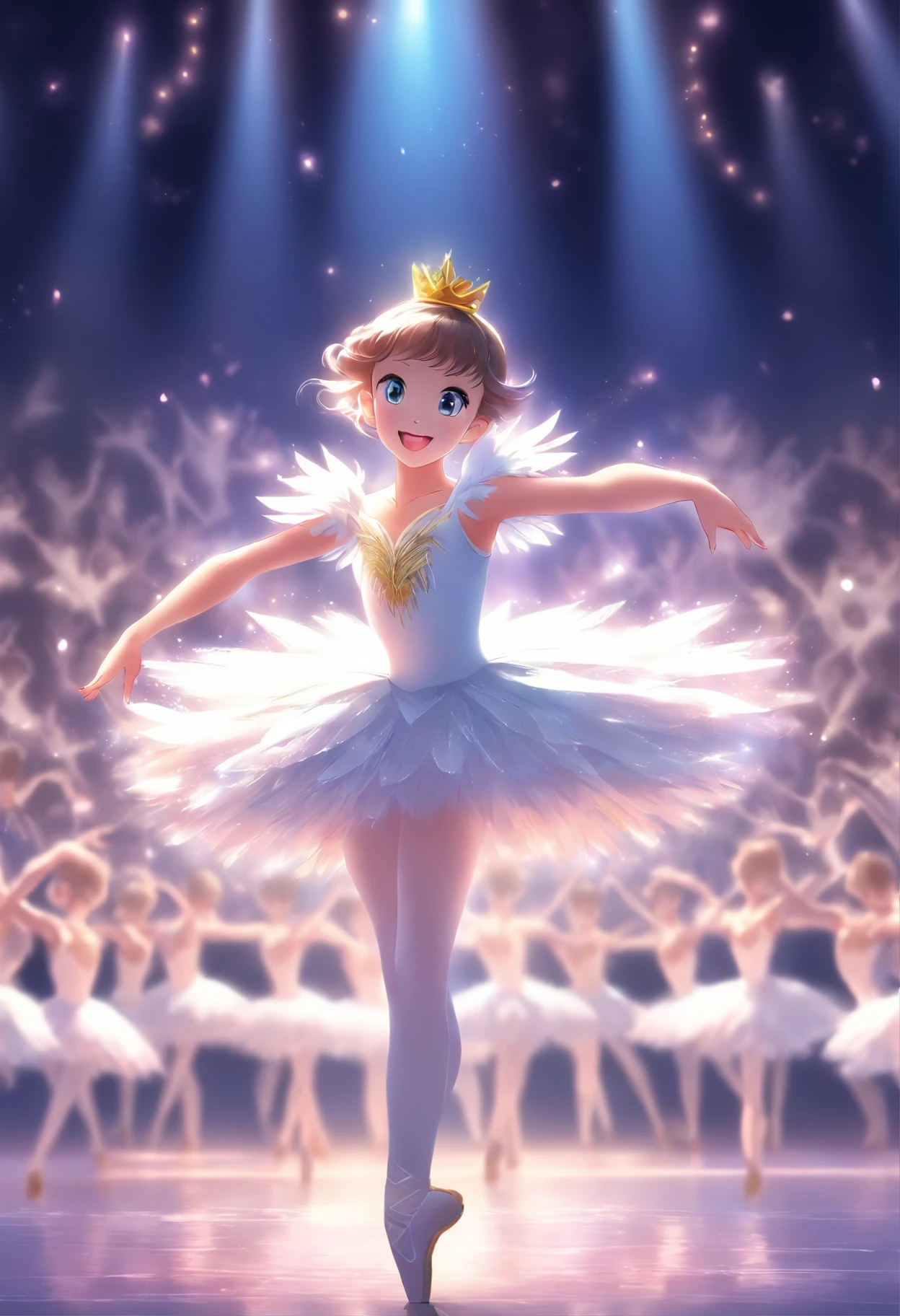 , Wear a white tutu, Dance Swan Lake on stage, Background Black,Stage lighting.