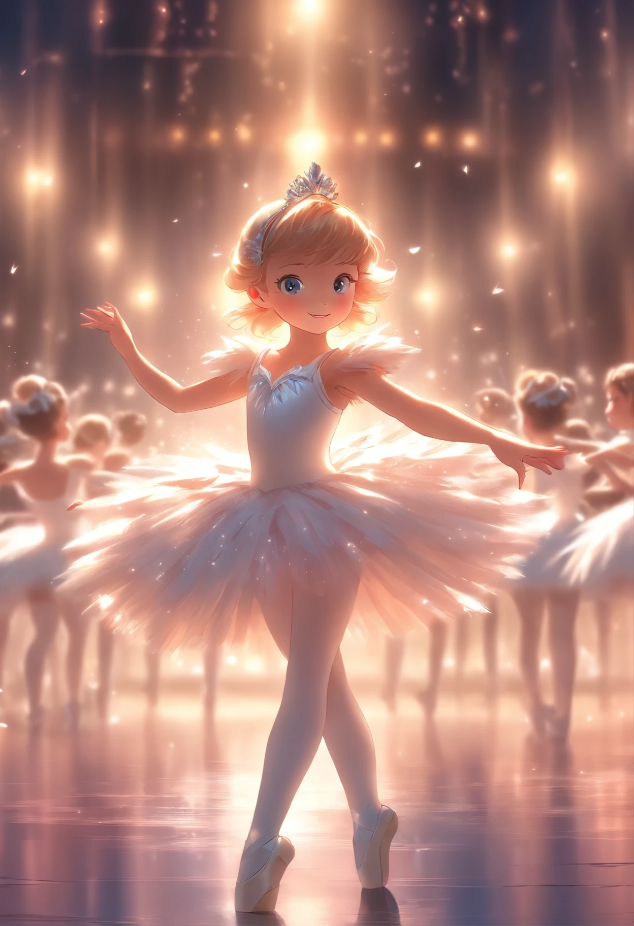 Little girl, Wear a white tutu, Dance Swan Lake on stage, Background Black,Stage lighting.