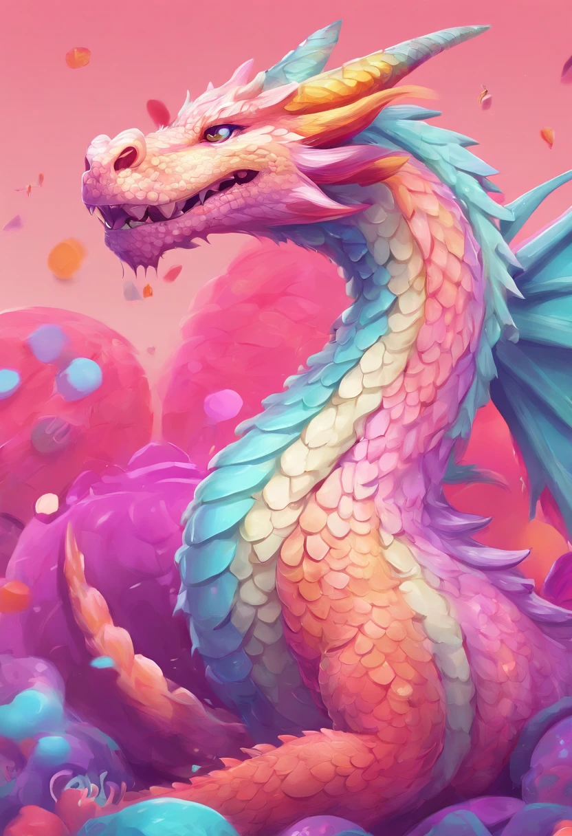 (best quality),candy dragon,flat art,western dragon,smooth surface,textured sugar,playful eyes and smile,deliciously vibrant colors,simple background,pastel tones,soft lighting,artistic rendering"