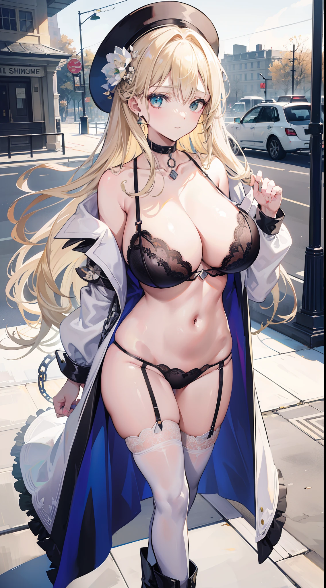 Chains,耳Nipple Ring,choker necklace,Forehead,middle parted hairstyle,femele,Train station,a beauty girl,Long light blonde hair,green pupills,Business suit,white business suit,in suit,White color blouse,((Black panty)),wind coat,Cowboy hat,Flower arrangement on a hat,The streets of London,(Asymmetrical boots),obi strip,tiese,wind coat,ssmile,huge tit,(cleavage),(huge tit),((Lace lingerie big breasts)),(condom)