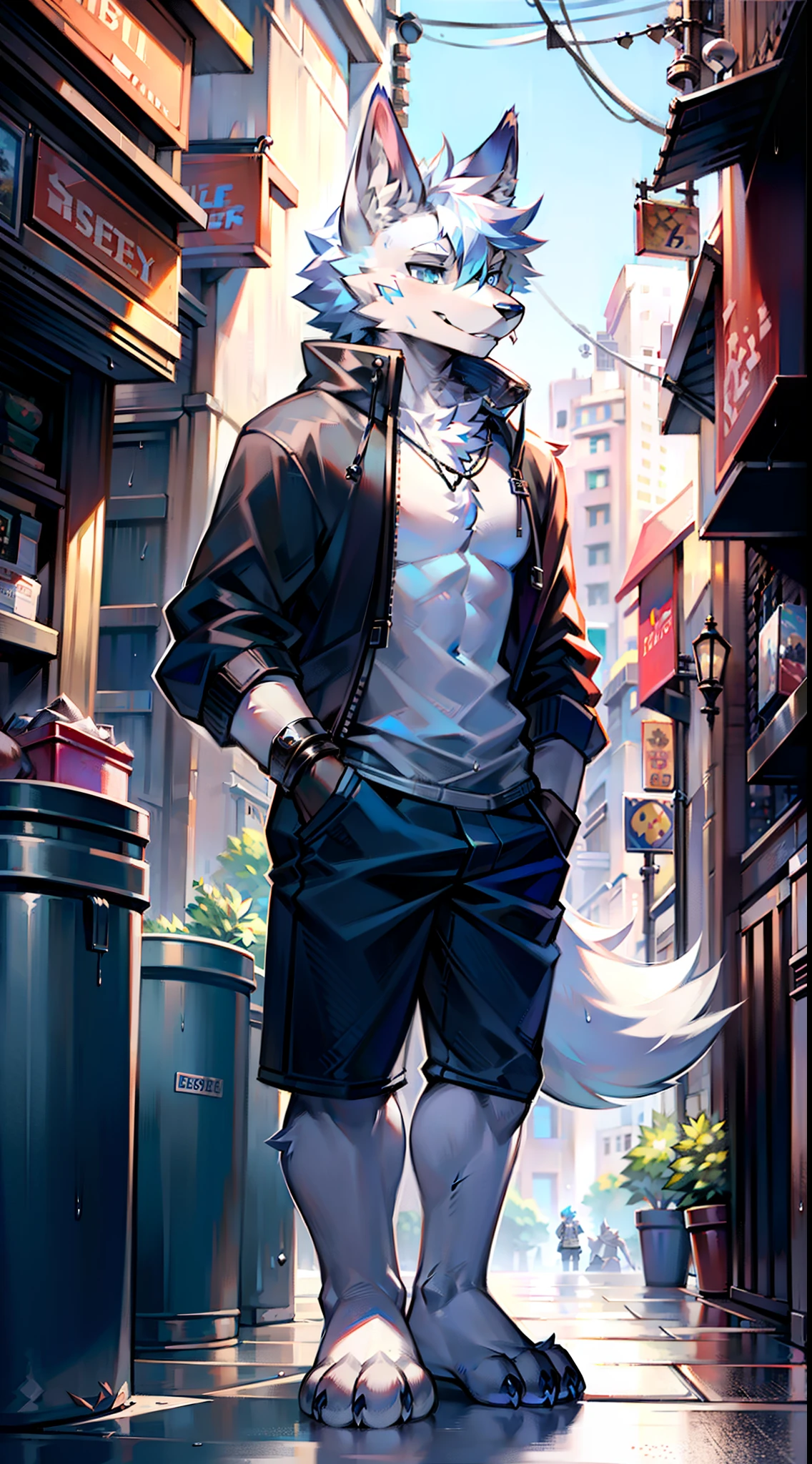 furry wolf,male people,Blue-white hair,Adult male wolves,Tall,being thin,musculature,Street corner in the rain,Trash cans around,decrepit,Standing in the rain,The body is drenched,Wear a pair of gray shorts,White loose sweatshirt top,Roll your sleeve up to your forearm,Moon Night,Big blue eyes,Long mouth,Handsome,adolable,ssmile,Scar,shaggy,shaggy,Furry,Critters,Furry