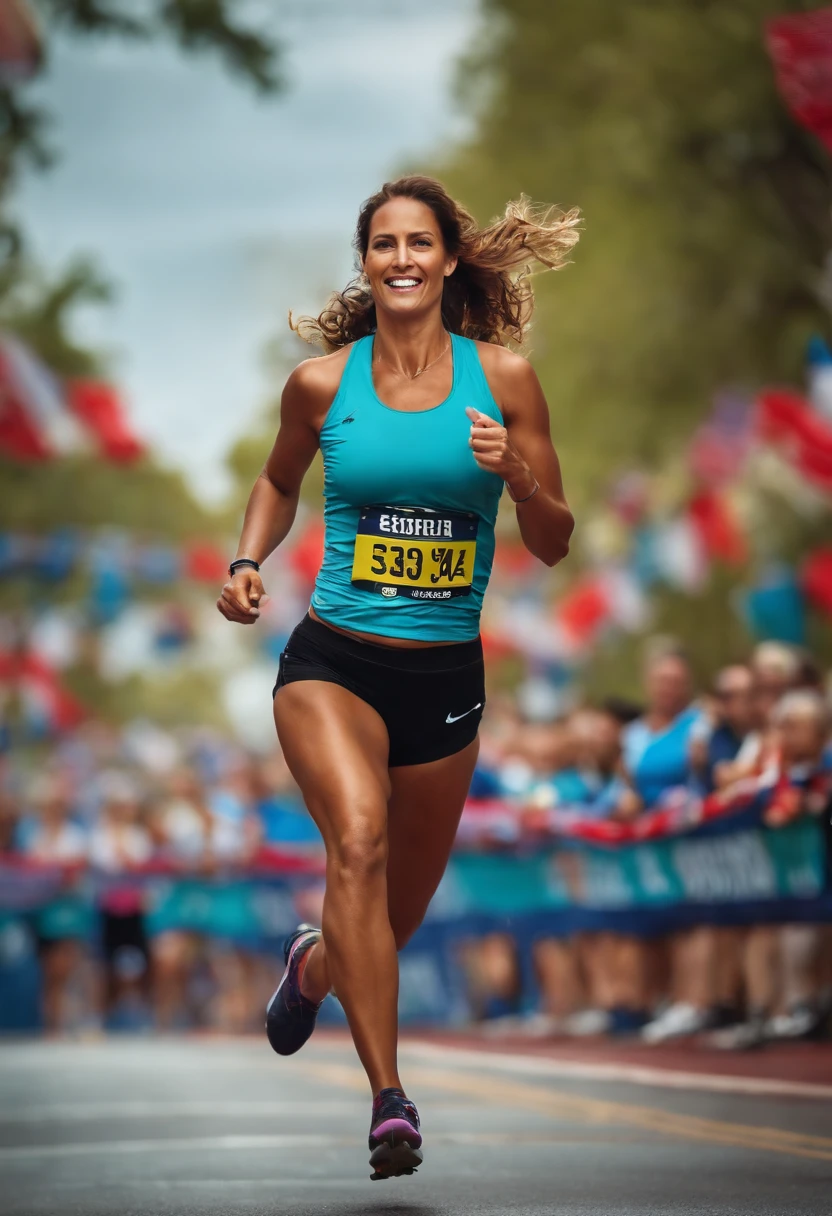 Generate an image of the woman achieving a personal goal, How to cross the finish line of a marathon or start your own business.