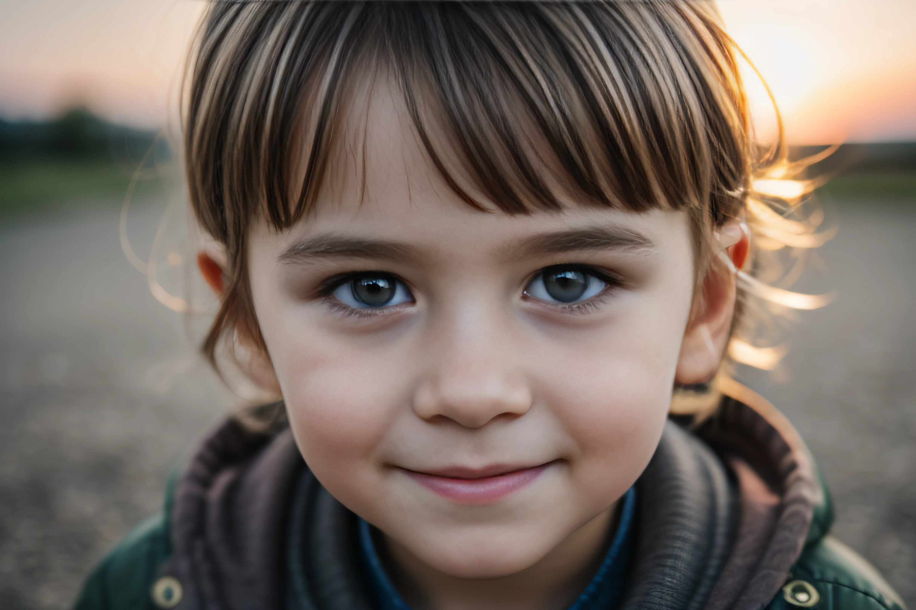 Close up photograph of Caucasian Little girl similing, looking directly towards the camera, blurred background,  DSLR , masterpiece, photography, ultra realism, realistic, outdoors, golden hour, portrait, smiling, grey short hair, rocker style, DoF, (Hamburg:1.1), sky, clouds, soft lighting, ( highly detailed skin:0.7),(film grain:1.3), 
8k uhd, dslr, soft lighting, high quality, HDRI, Fujifilm XT3,  flawless face, ((photorealistic):1.1), (raw, 8k:1.2), hyper realistic, HDR, cinematic, dark, muted colors,