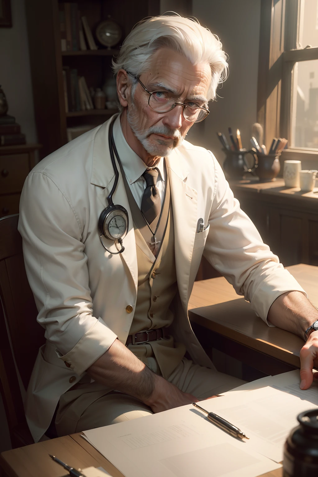 timeless style, 1950s full shot body photo of the most beautiful artwork in the world featuring (ww2) male doctor sitting on a desk nearby, grey hair, old man, white outfit,(handsome,sexy,hot old male doctor),((detailed face and eyes)), (well defined face, gentleman:1.3 ),focus on male, male focus, man, real human skin, nostalgia, 1man, stethoscope, heart professional majestic oil painting by Ed Blinkey, Atey Ghailan, Studio Ghibli, by Jeremy Mann, Greg Manchess, Antonio Moro, trending on ArtStation, trending on CGSociety, Intricate, High Detail, Sharp focus, dramatic, photorealistic painting art by midjourney and greg rutkowski