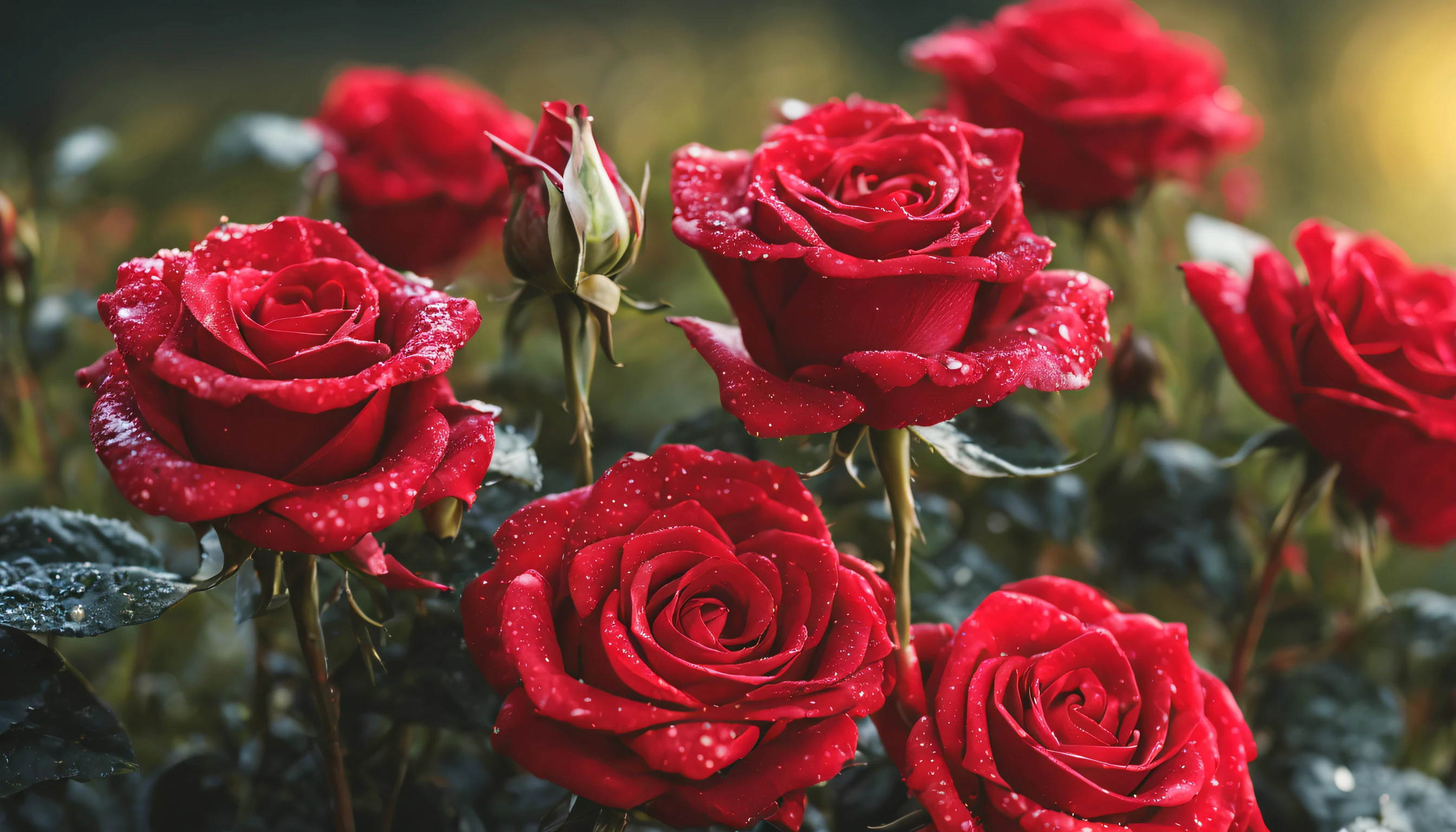 Many red rose flowers in the garden and sunlight with bokeh, dew drops on flower petals (masterpiece, ultra quality, high resolution, 8k, intricate: 1.2), (masterpiece), (best quality:1)