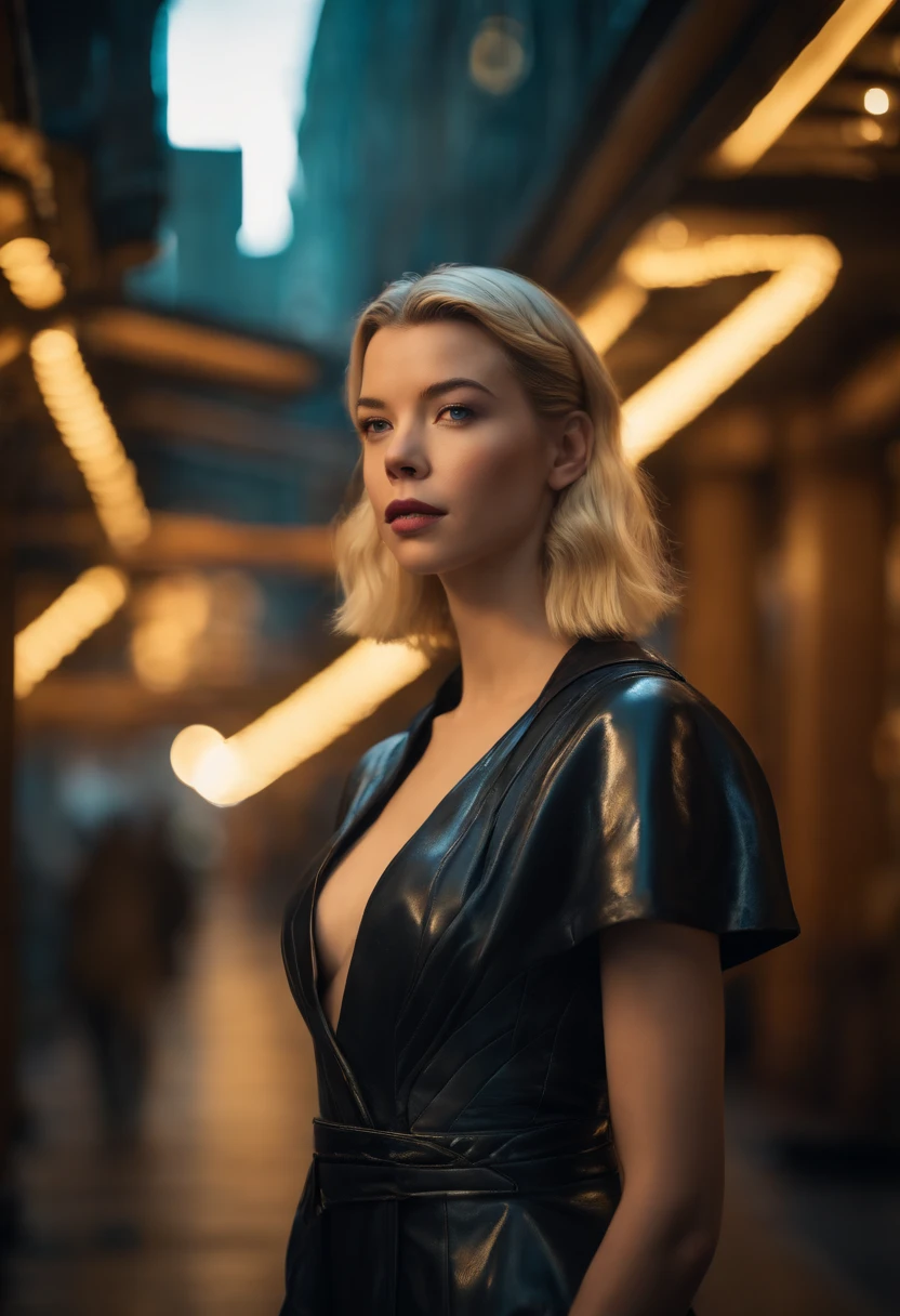 Realistic, beautiful blonde, perfect nose, (Well defined face), (Anya Taylor-Joy) (actress, Anya Taylor-Joy, face)
(Actress), detailed, seductive eyes (large breasts), (full body), wearing Blade Runner 2049, Netflix streaming costume, (futuristic city), storm, the best quality masterpiece, realistic photo, detailed, 8K, HDR, shallow depth of field, wide light, high contrast, backlighting, light glows, chromatic aberration, sharp focus photo color RAW, small head
