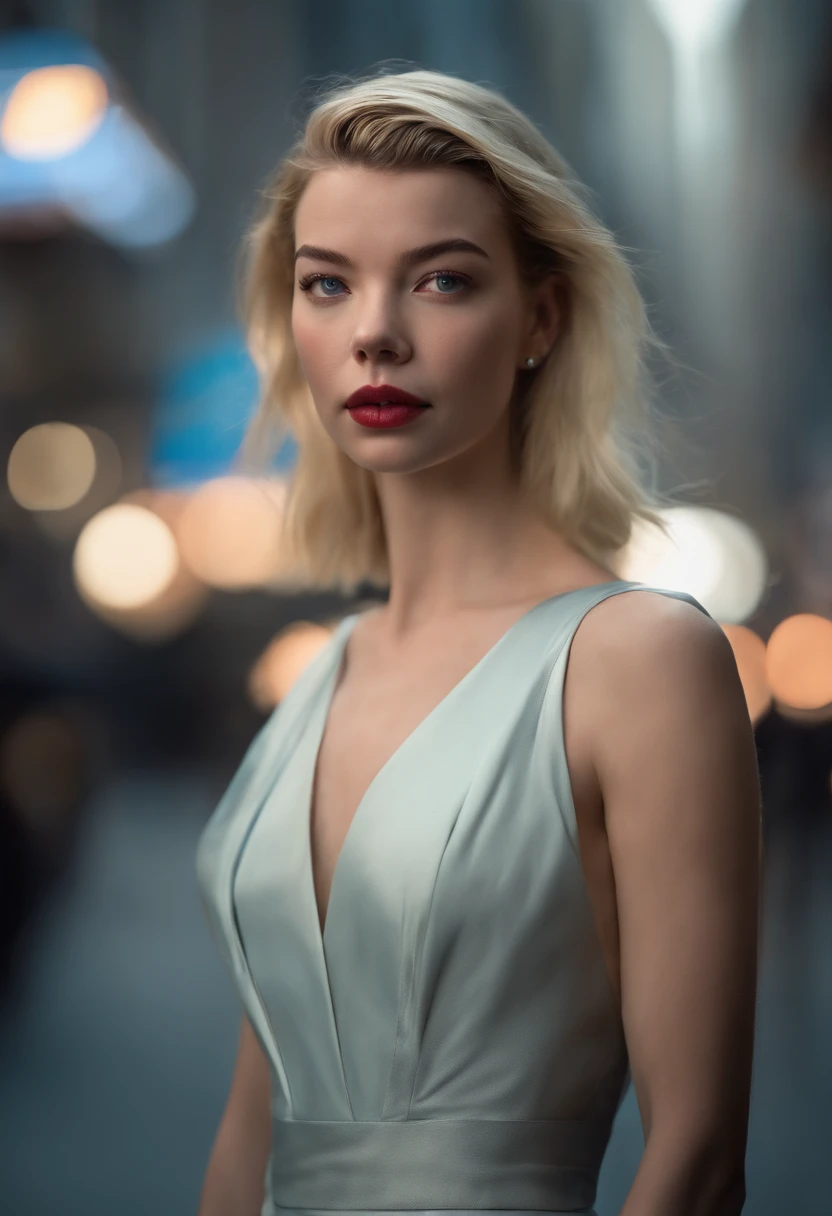 Realistic, beautiful blonde, perfect nose, (Well defined face), (Anya Taylor-Joy) (actress, Anya Taylor-Joy, face)
(Actress), detailed, seductive eyes (large breasts), (full body), wearing Blade Runner 2049, Netflix streaming costume, (futuristic city), storm, the best quality masterpiece, realistic photo, detailed, 8K, HDR, shallow depth of field, wide light, high contrast, backlighting, light glows, chromatic aberration, sharp focus photo color RAW, small head