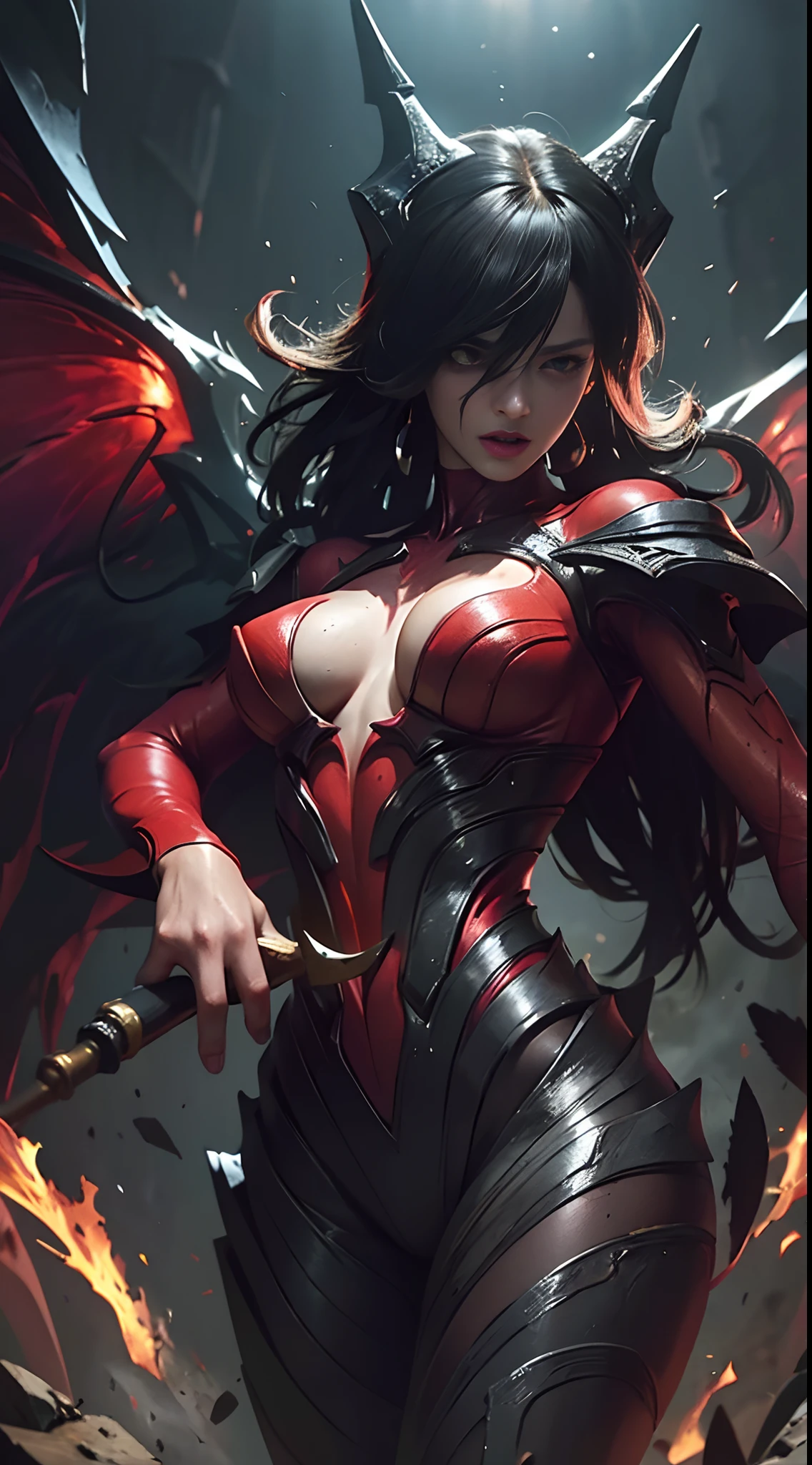 (Best Quality,4K,High resolution), Evil apotheosis，(Best Quality,4K,High resolution),Jet black hair on a black body, Body covered with hair all over the body， Deformed body,facial expressions distorted by pain，Sharp eye light，Red glowing eyes、Facial expression enhancement，，Changing the Appearance of a Transform，beast，Beastification，Metamorphosis、buttle，Delicate illustrations drawn in detail，Realistic skin texture expression，Realistic portrayal，Vibrant colors，expresive，Classic background(Best Quality,4K,High resolution), Comical appearance，(Best Quality,4K,High resolution), 18yo woman, Red highlights on black hair, Long hair, Straight hair, Cool Woman,Majinization，Cold eyes ,sharp eye，Staring at me，comic strip，animesque，Comical illustration，busy，Deformed cute illustration，Sitting rough，Turn your body to the front、Crawling on the ground、Attack、Feather shooting、Evil Fight，brave、fly about、Combat stance，Dark worldview，End time background、Fighting、Body engulfed in flames