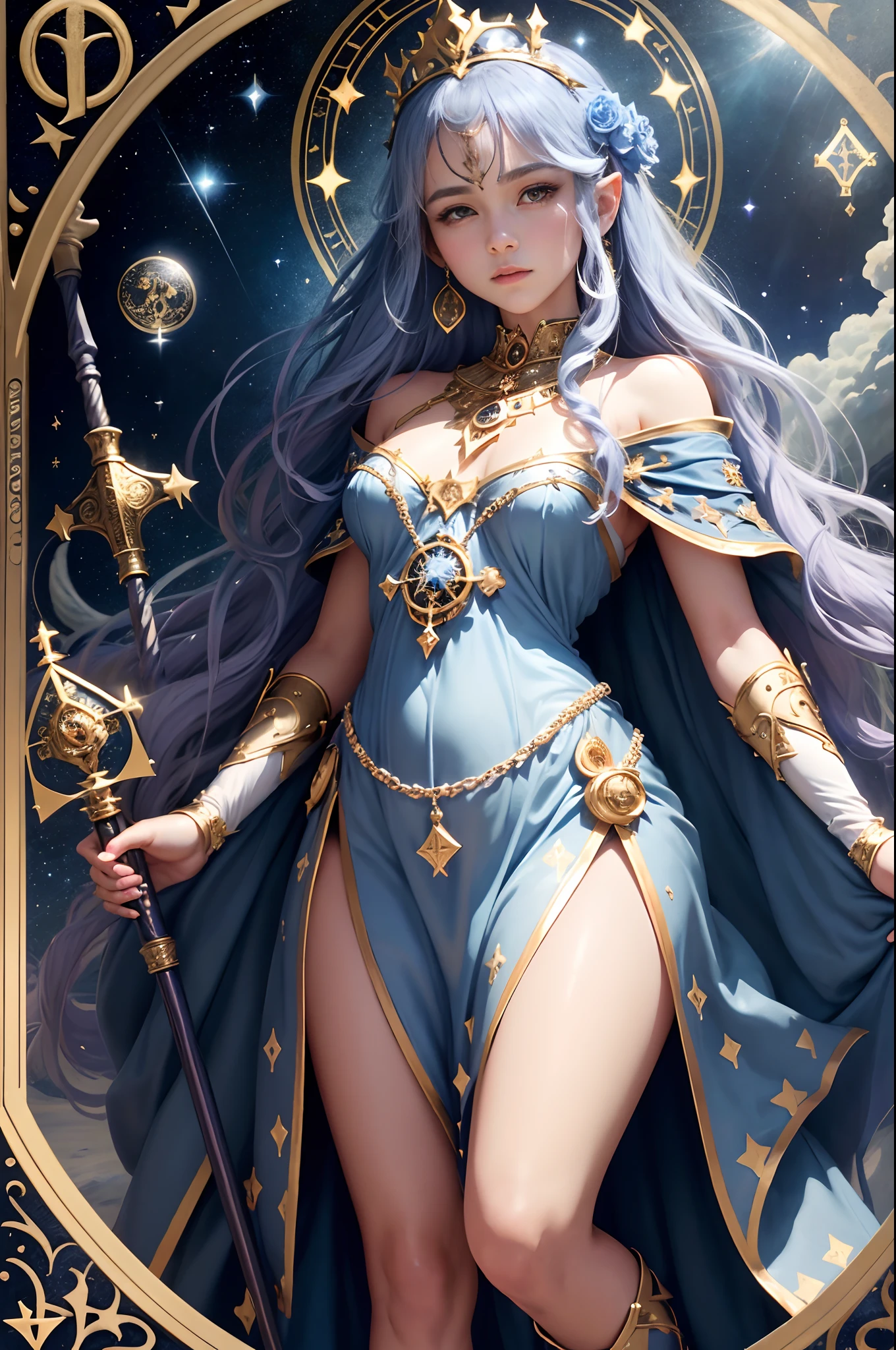 （The highest image quality），（very detailed descriptions），1girll，crown on head，Dressed in an ancient fairy costume，Scepter in hand，（full body Esbian），（Very perfect body structure），（Highly detailed and perfect face depiction），（Highly detailed details of the face），Blue Starry Sky，（Very large moon close-up），Moonlight shines through the clouds，As estrelas（glitters），garments（bling bling）， (The image is surrounded by a tarot card style border:1.5)，（tmasterpiece），（Great results），（8k wallpaper），（Best Photography），myth，Fantasy Theme，Ultra-realistic realism，realisticlying