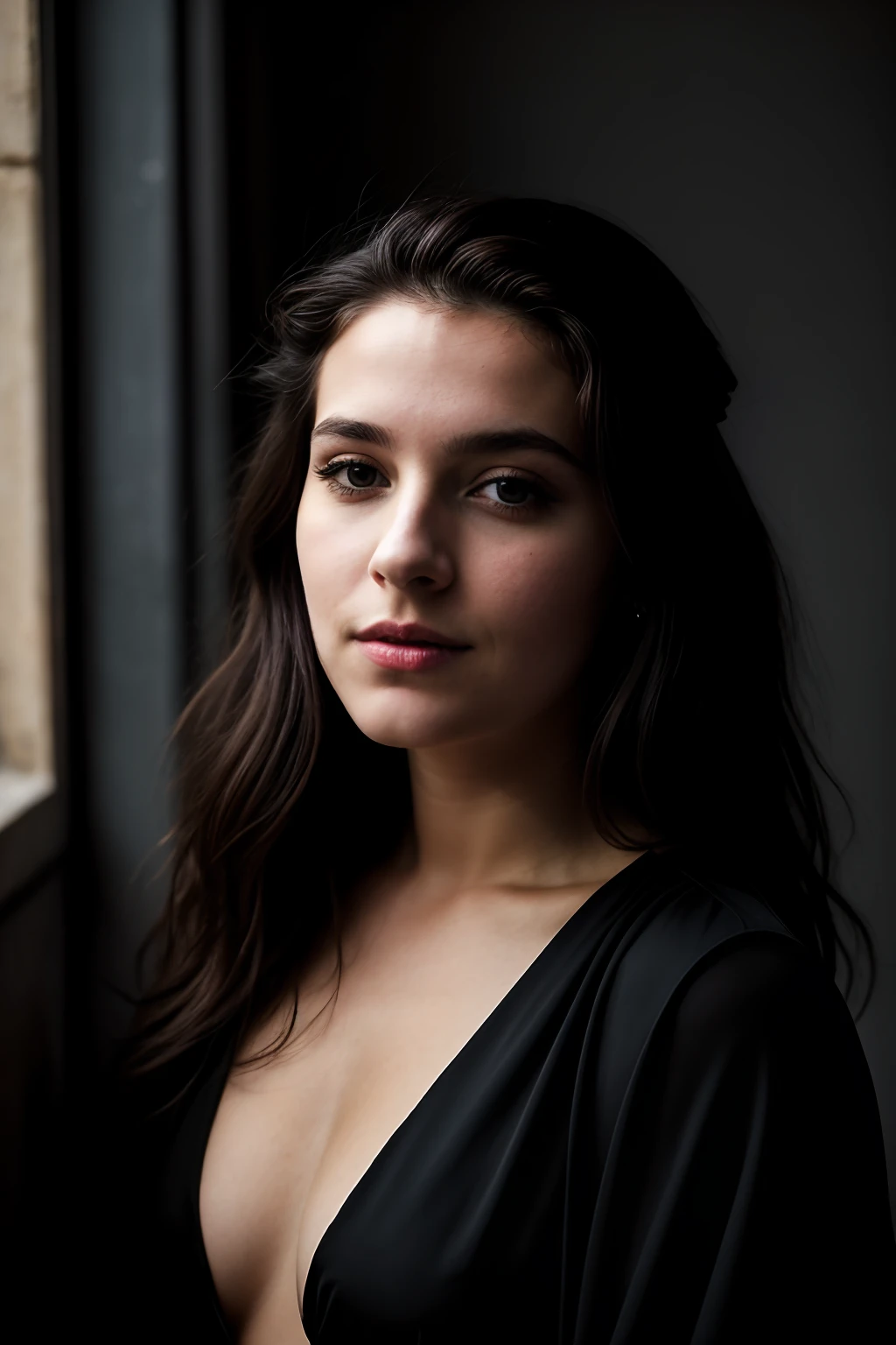 Photo brute, Portrait de visage photo de belle 26 ans.o femme, visage mignon, Porter une robe noire, Visage heureux, ombres dures, cinematic shot, dramatic lighting
