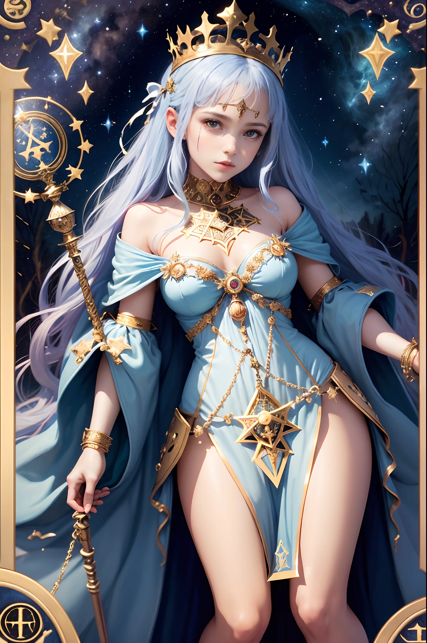 (The highest image quality),(very detailed descriptions),1girll,crown on head,Dressed in an ancient fairy costume,Scepter in hand,(full body Esbian),(Very perfect body structure),(Highly detailed and perfect face depiction),(Highly detailed details of the face),Blue Starry Sky,(Very large moon close-up),Moonlight shines through the clouds,As estrelas(glitters),garments(bling bling), (The image is surrounded by a tarot card style border:1.5),(tmasterpiece),(Great results),(8k wallpaper),(Best Photography),myth,Fantasy Theme,Ultra-realistic realism,realisticlying