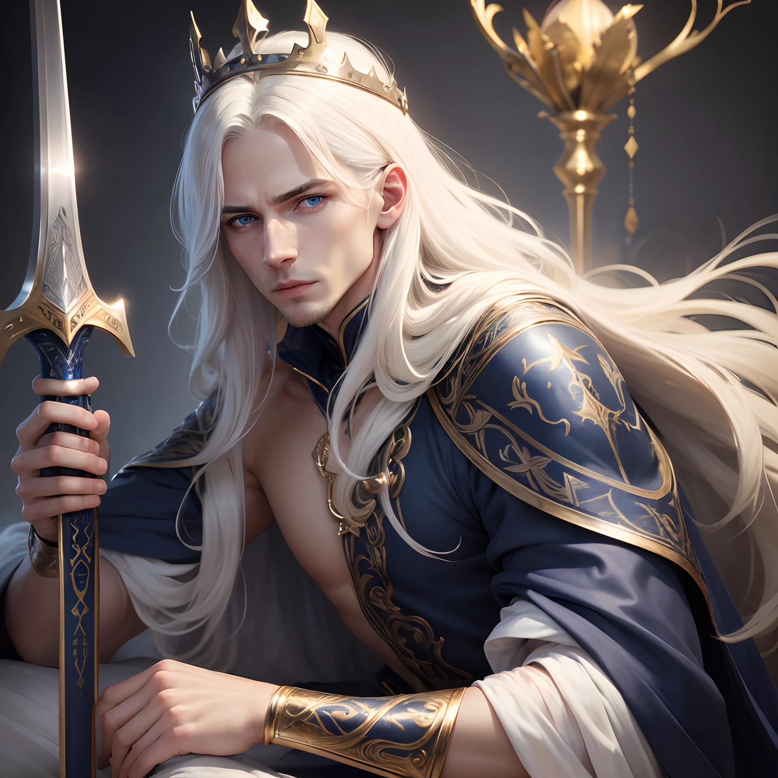 (best quality,4k,highres:1.2), realistic, detailed face, beautiful detailed eyes, delicate lips, clear skin, long and smooth platinum blonde hair, deep navy blue eyes, a man in a blue dress with a silver sword, wearing a golden laurel crown