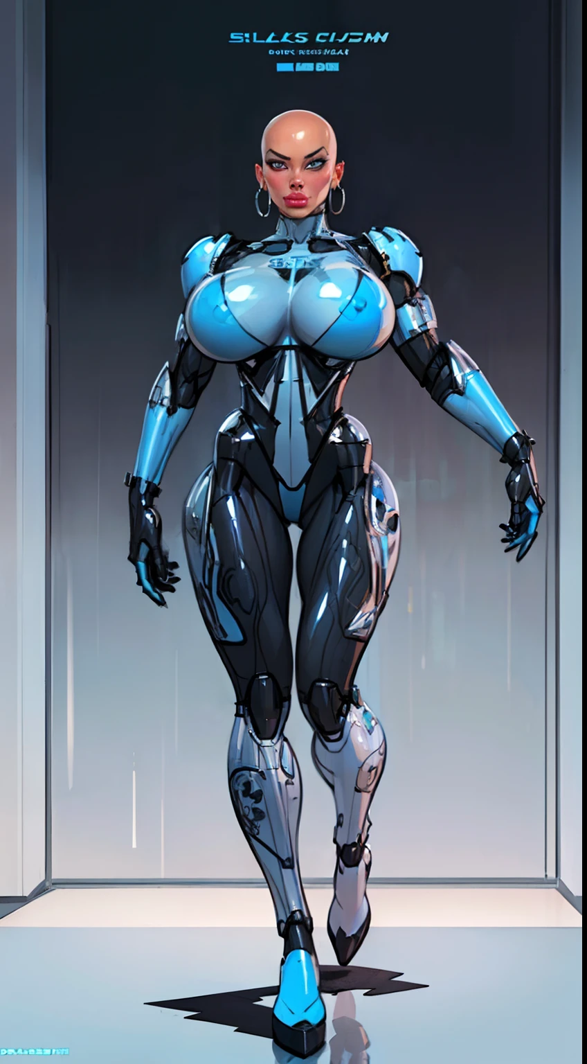 8k ((full body view))((view from below:1.4)) (large eyes:1.3), defined cheekbones, looking back, ((the pit style:1.4))((sleek chrome bodysuit:1.6)) ((intricate metal details:1.4))detailed face:1.5), lightblue skin,(puffy lips:1.5) (lightblue skin:1.6), (bald woman:1.7), (skinhead) ((sexy pose)),(Muscular:1.3), ((gigantic breasts:1.5)), )highly detailed, majestic, digital photography, art by artgerm and ruan jia and greg rutkowski, ((metal shoulder pads:1.2)), (masterpiece), sidelighting, intricate details, black and blue color palette