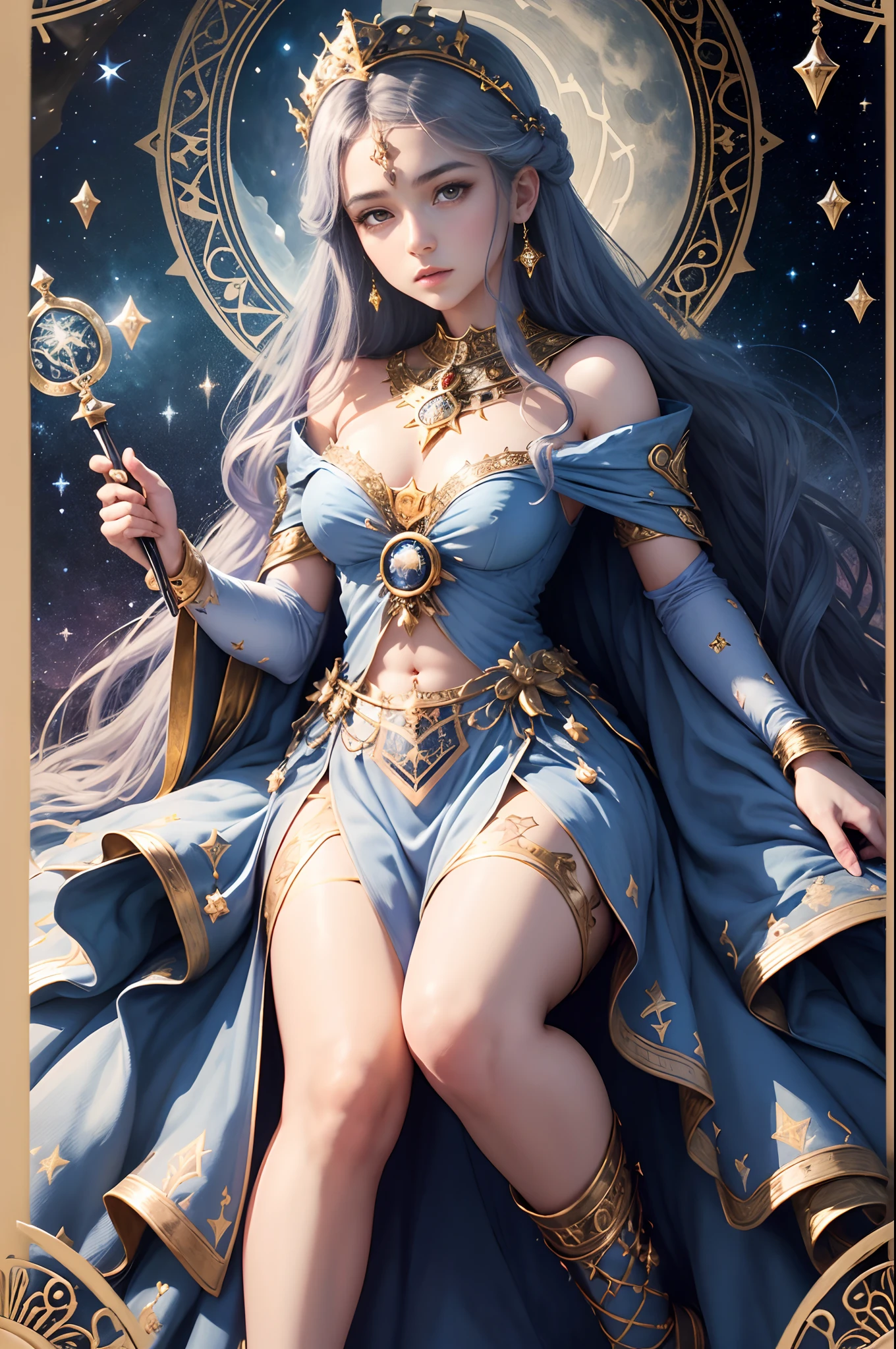 (The highest image quality),(very detailed descriptions),1girll,crown on head,Dressed in an ancient fairy costume,Scepter in hand,(full body Esbian),(Very perfect body structure),(Highly detailed and perfect face depiction),(Highly detailed details of the face),Blue Starry Sky,(Very large moon close-up),Moonlight shines through the clouds,As estrelas(glitters),garments(bling bling), (The image is surrounded by a tarot card style border:1.5),(tmasterpiece),(Great results),(8k wallpaper),(Best Photography),myth,Fantasy Theme,Ultra-realistic realism,realisticlying