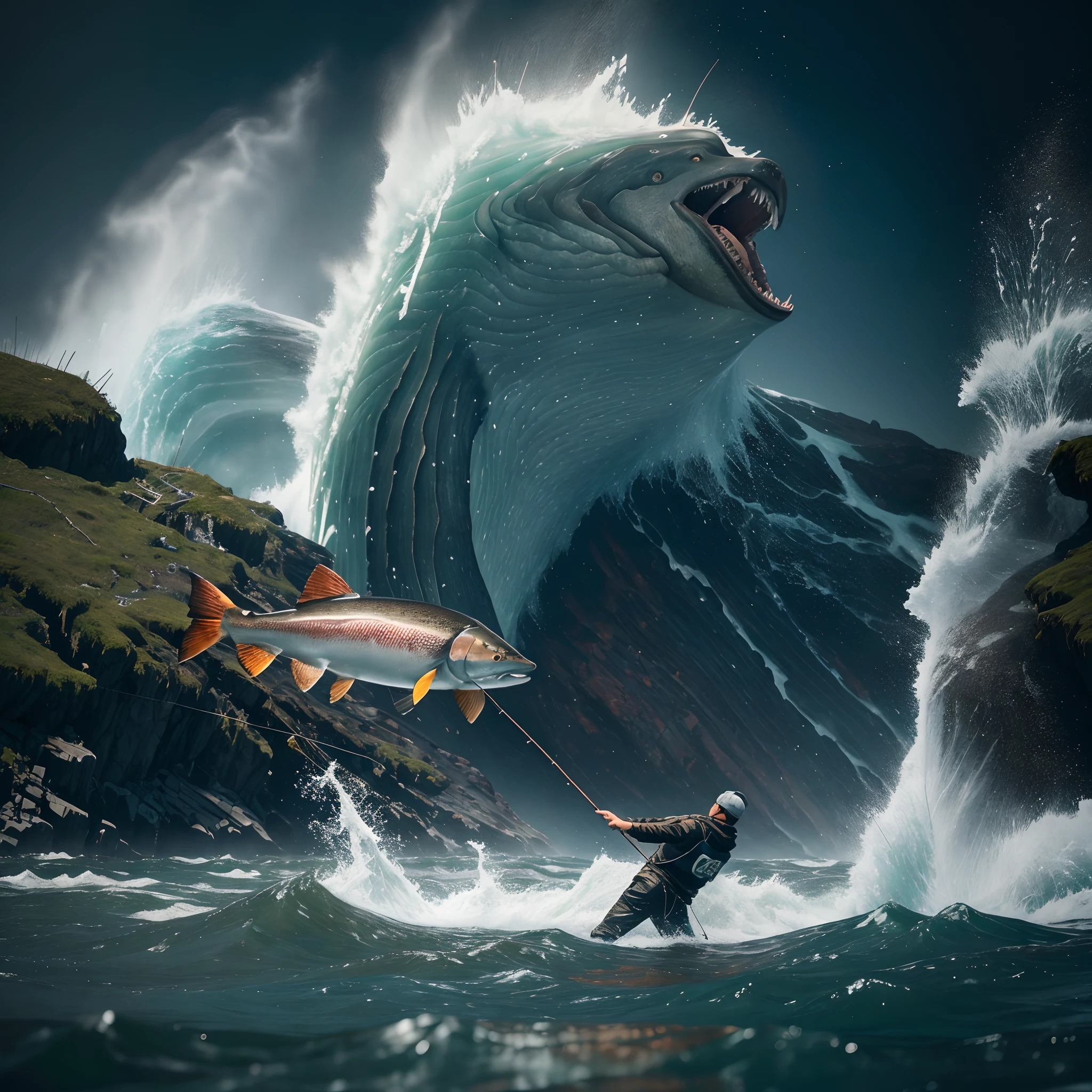 (best quality,alto),A boy fishing for salmon in Alaska, Na margem do rio, um urso gigantesco perseguindo o pescador, Dramatic lighting and intense atmosphere, cores vibrantes, Detailed representation of man's fishing equipment and bear skin, Estilo fotorrealista, sparkling water, movimento poderoso, breathtaking landscapes