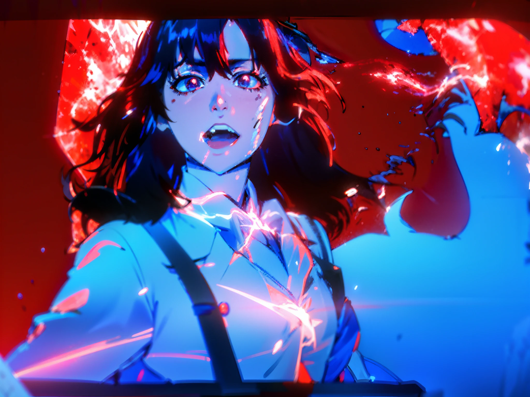 anime girl with black hair and white shirt with red light, ilya kuvshinov. 4 k, anime style. 8k, anime style mixed with fujifilm, anaglyph effect ayami kojima, kuvshinov ilya, ilya kuvshinov style, digital art ilya kuvshinov, satoshi kon artstyle, style of akira motion movie, no hat, dark purple eyes