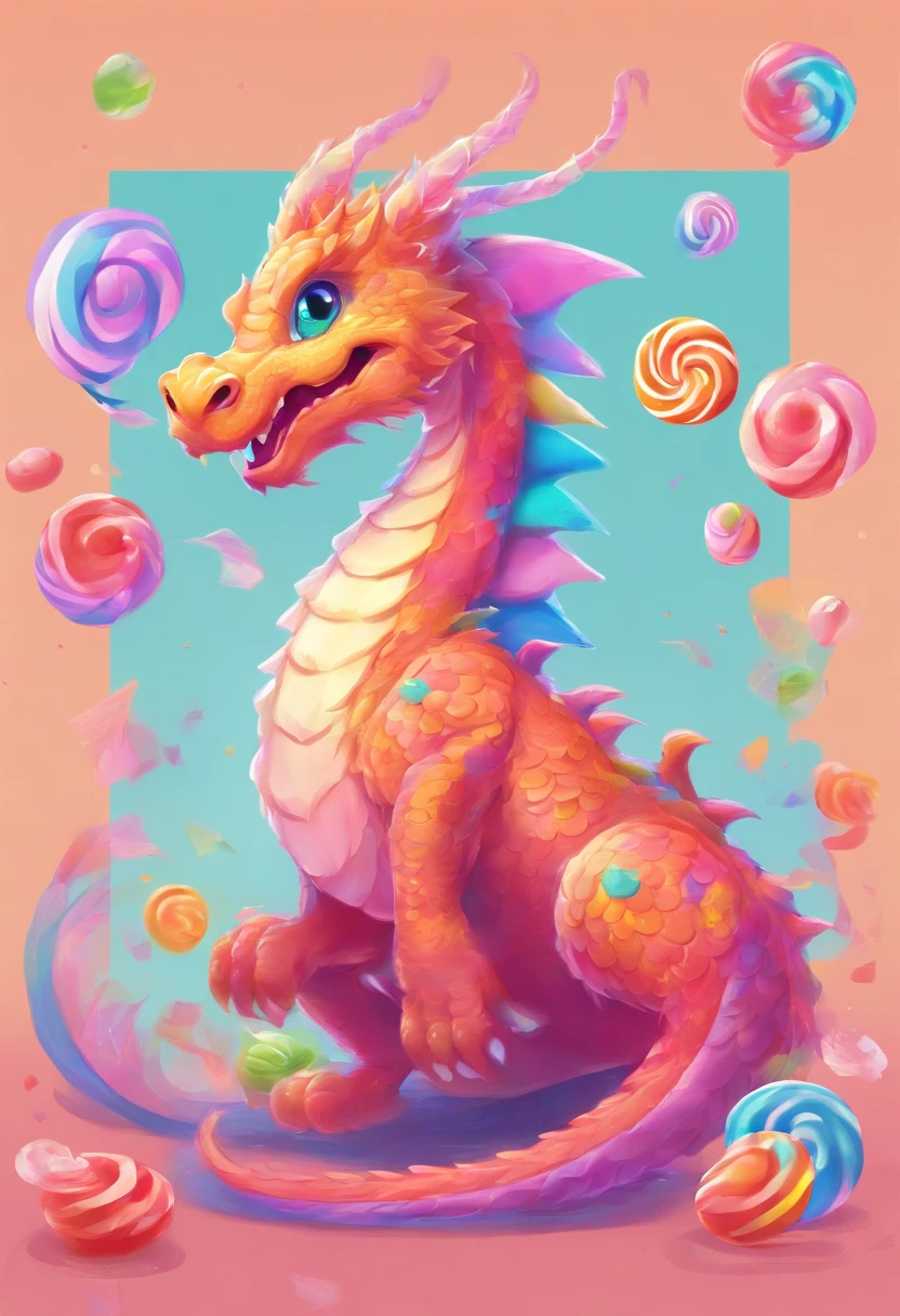 (best quality),candy dragon,flat art,western dragon,smooth surface,textured sugar,playful eyes and smile,deliciously vibrant colors,simple background,pastel tones,soft lighting, cute