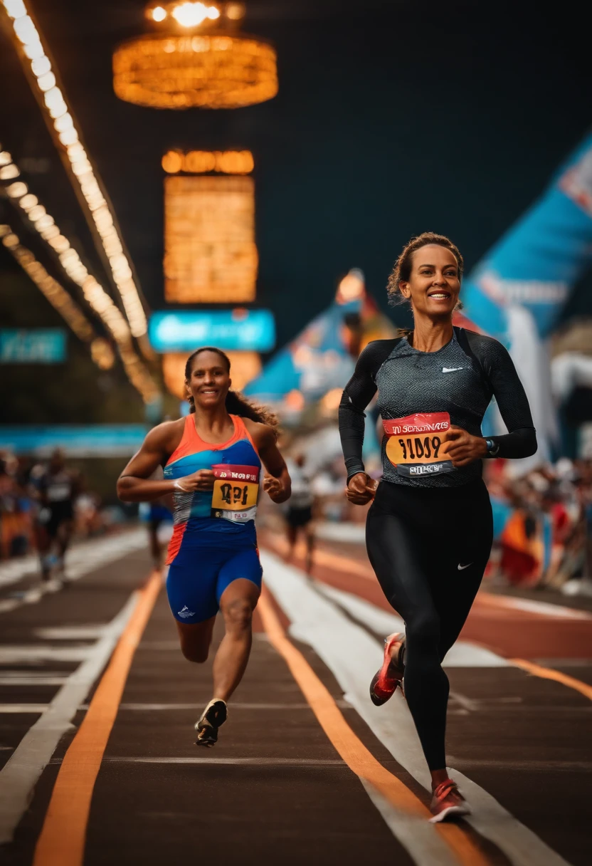 Generate an image of the same woman as in the first promt i gave you ,  achieving a personal goal, such as crossing the finish line of a marathon or opening her own business.