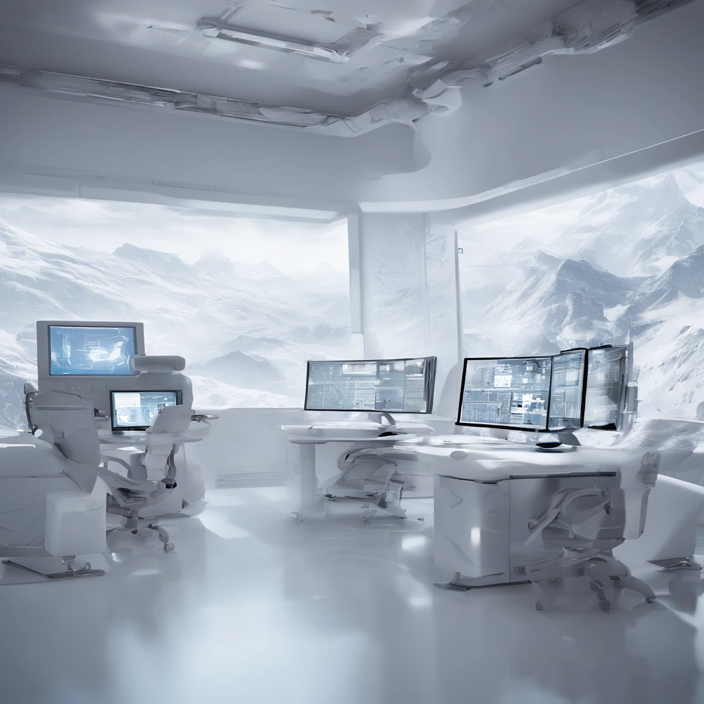Pure white room,Meticulous environment,monitor with data dashboards everywhere, masterpiece, 8k, high resolution