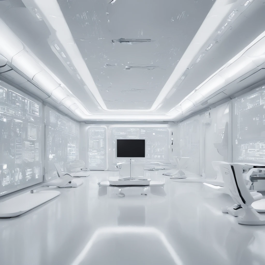 Pure white room，Meticulous environment，monitor with data dashboards everywhere, masterpiece, 8k, high resolution