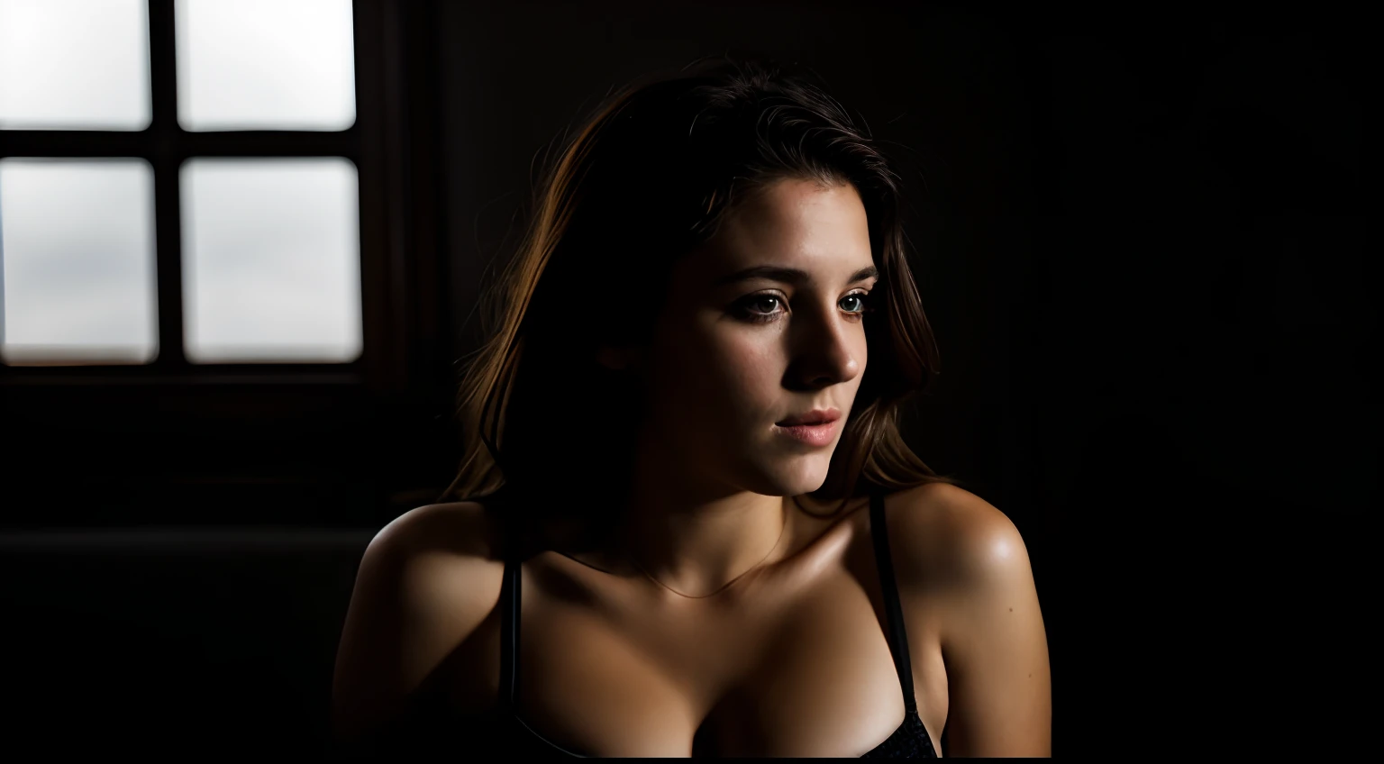 Kinofilm noch dramatische Seitenbeleuchtung, dramatic full body portrait, dunkler schwarzer Hintergrund, HDR, dramatisch, beautiful 20 year old Latin woman, volle Lippen, dunkle Haare, light depth of field, Vignette, Highly detailed, High-Budget-Hollywood-Film, cinemascope, launisch, episch, splendid , realistisch, Foto