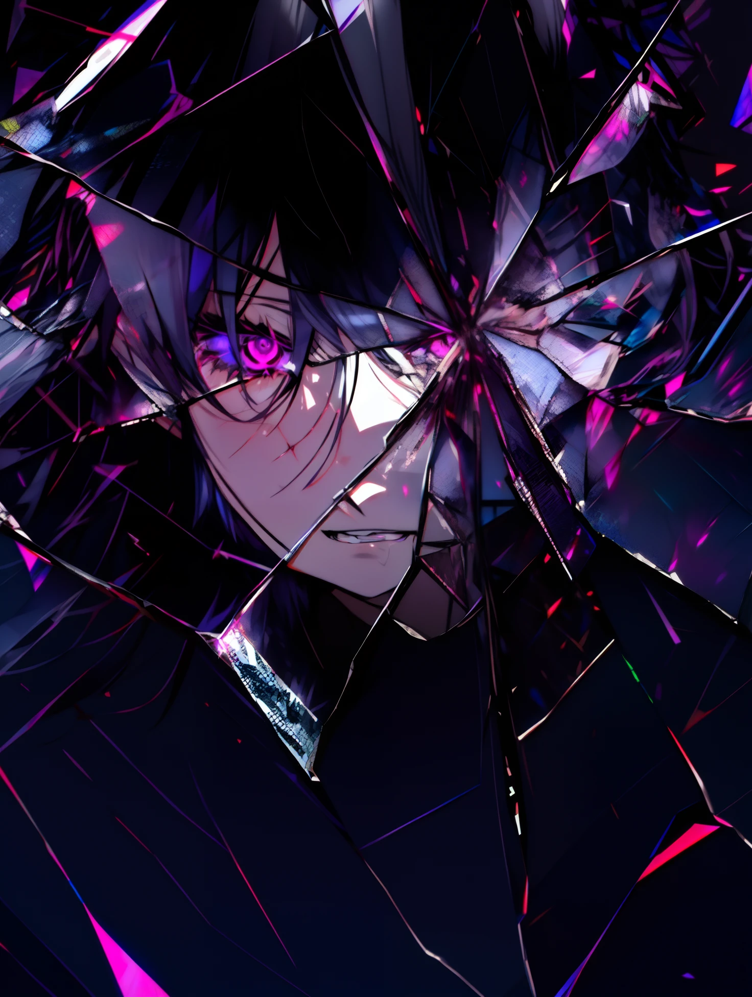 (female_face) anime girl, black hair, purple eyes ,looking through broken glass, shattered glass, broken glass, long haired, black hair, void,  black hair, cracked, shattered , angry expression