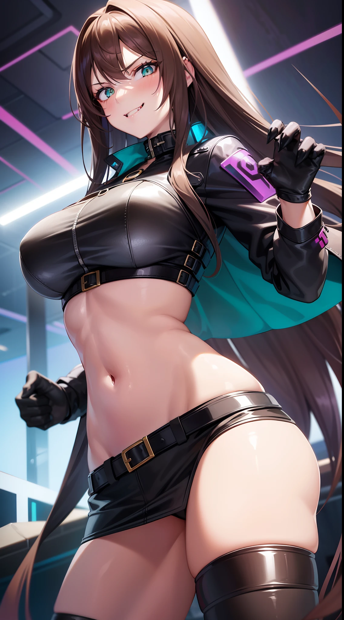 A girl, Long brown hair, Heteroromy, left violet eye, Right Golden Eye, Turquoise cyberpunk top, leather jacket, Upskirt, open belly, open breasts, large breasts, smirk, tooth, fangs, claws, hiquality, 4k, HD, Good detail