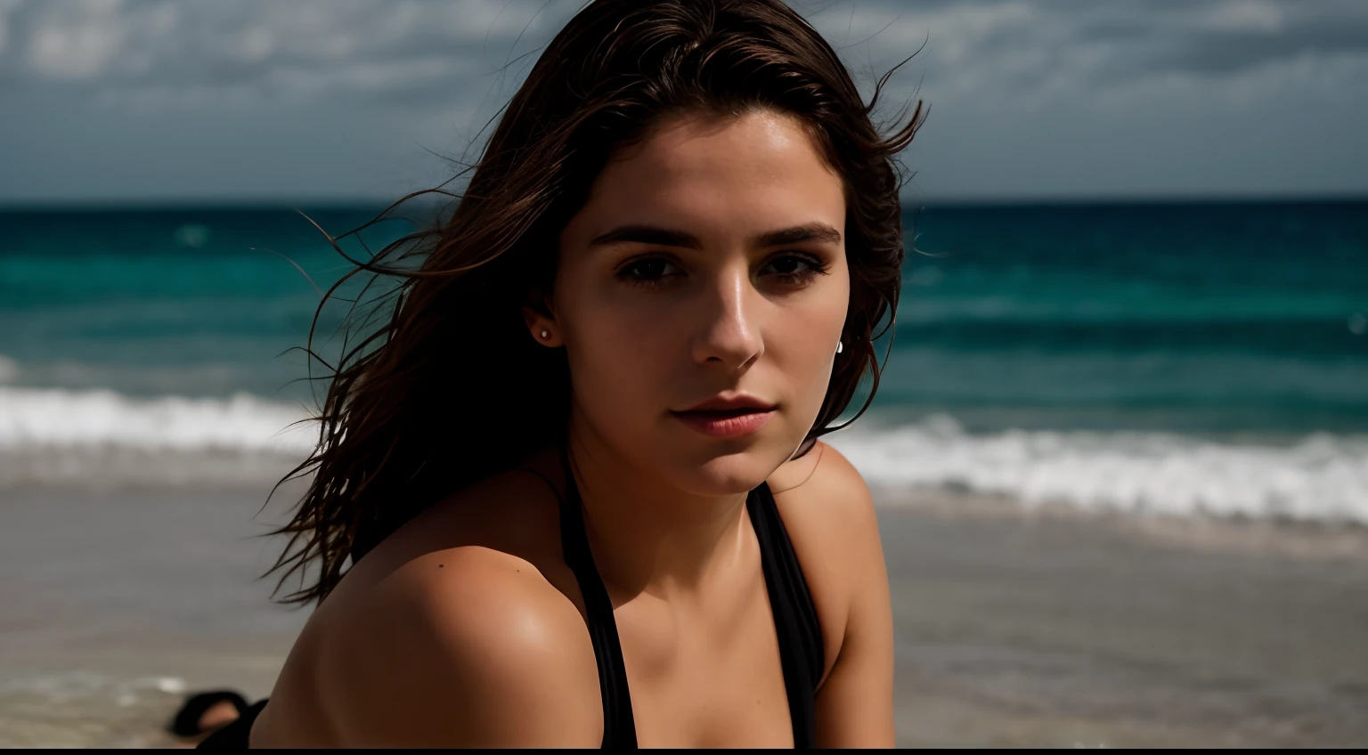 Photo brute, Portrait de visage photo de belle 26 ans.o femme avec bikini, visage mignon, Porter une robe noire, Visage heureux, ombres dures, cinematic shot, dramatic lighting