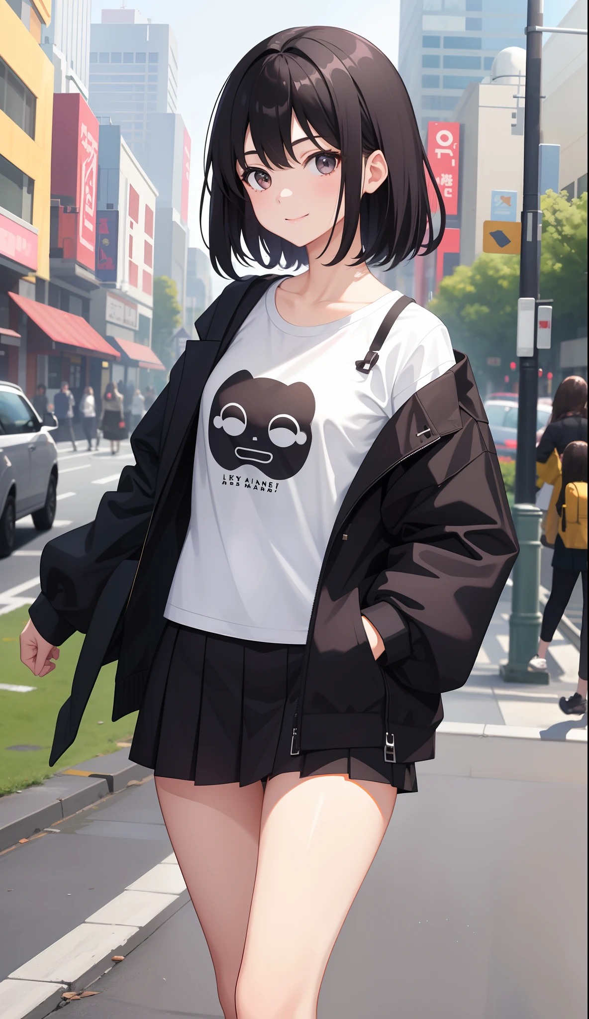 1girl in、AS-Adult、A smile、The shirt、a miniskirt、(small tits)、Walking with a thigh、Upper body portrait、