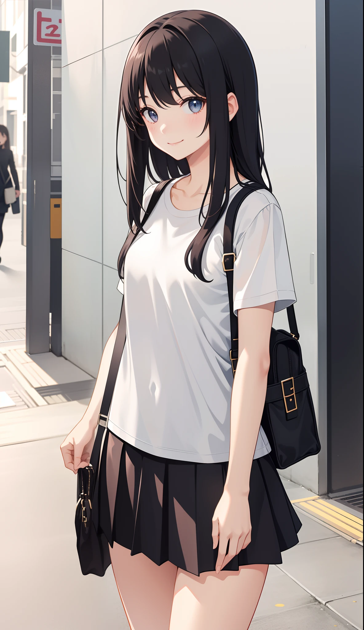 1girl in、AS-Adult、A smile、The shirt、a miniskirt、(small tits)、Walking with a thigh、Upper body portrait、
