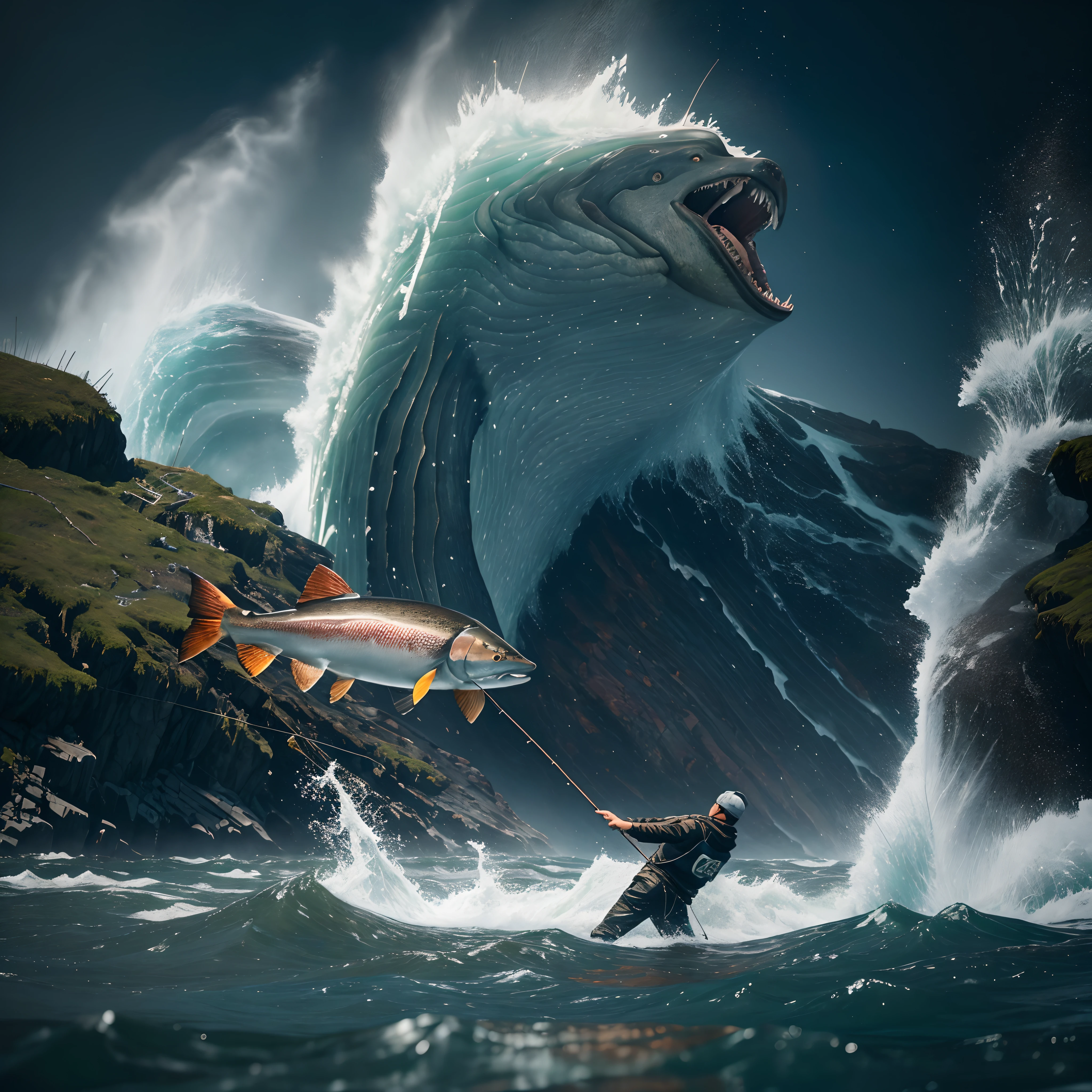 (best quality,alto),A boy fishing for salmon in Alaska, Na margem do rio, um urso gigantesco perseguindo o pescador, Dramatic lighting and intense atmosphere, cores vibrantes, Detailed representation of man's fishing equipment and bear skin, Estilo fotorrealista, sparkling water, movimento poderoso, breathtaking landscapes