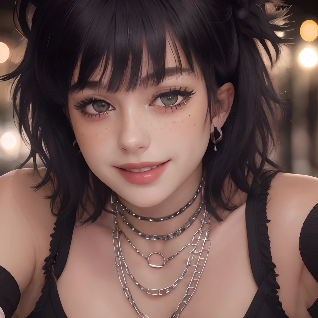 masterpiece, best quality,realistic,absurdres,1girl,looking at viewer,egirl_face, night, street, face detail, face retouch, downblouse, leaning forward, massive breasts, smiling, laughing, spiky hair with wispy bangs, chains, spiky hair, spiked hair, blush, freckles, black hair, shirtless, mesh thighhighs